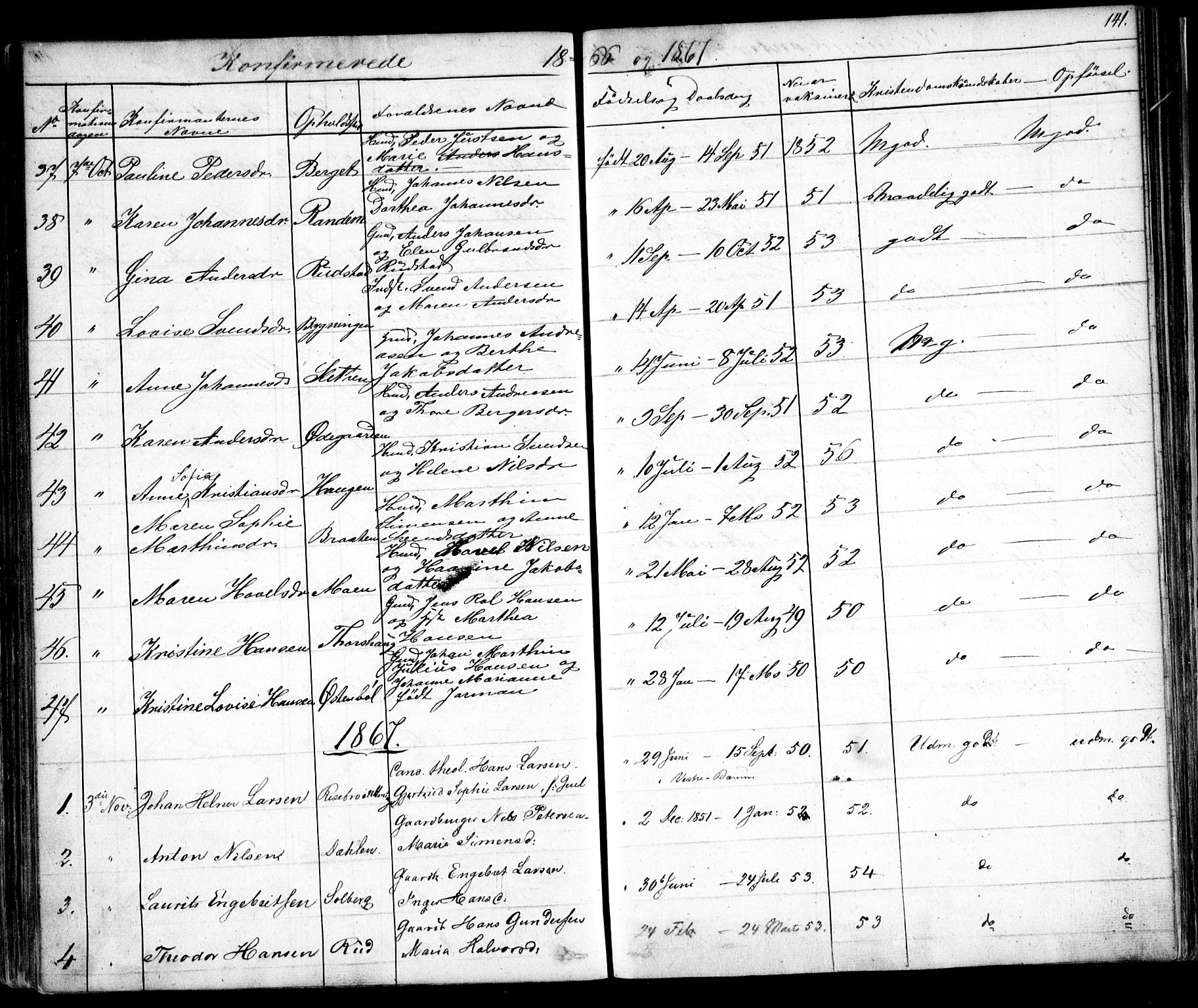Enebakk prestekontor Kirkebøker, SAO/A-10171c/F/Fa/L0010: Parish register (official) no. I 10, 1829-1876, p. 141