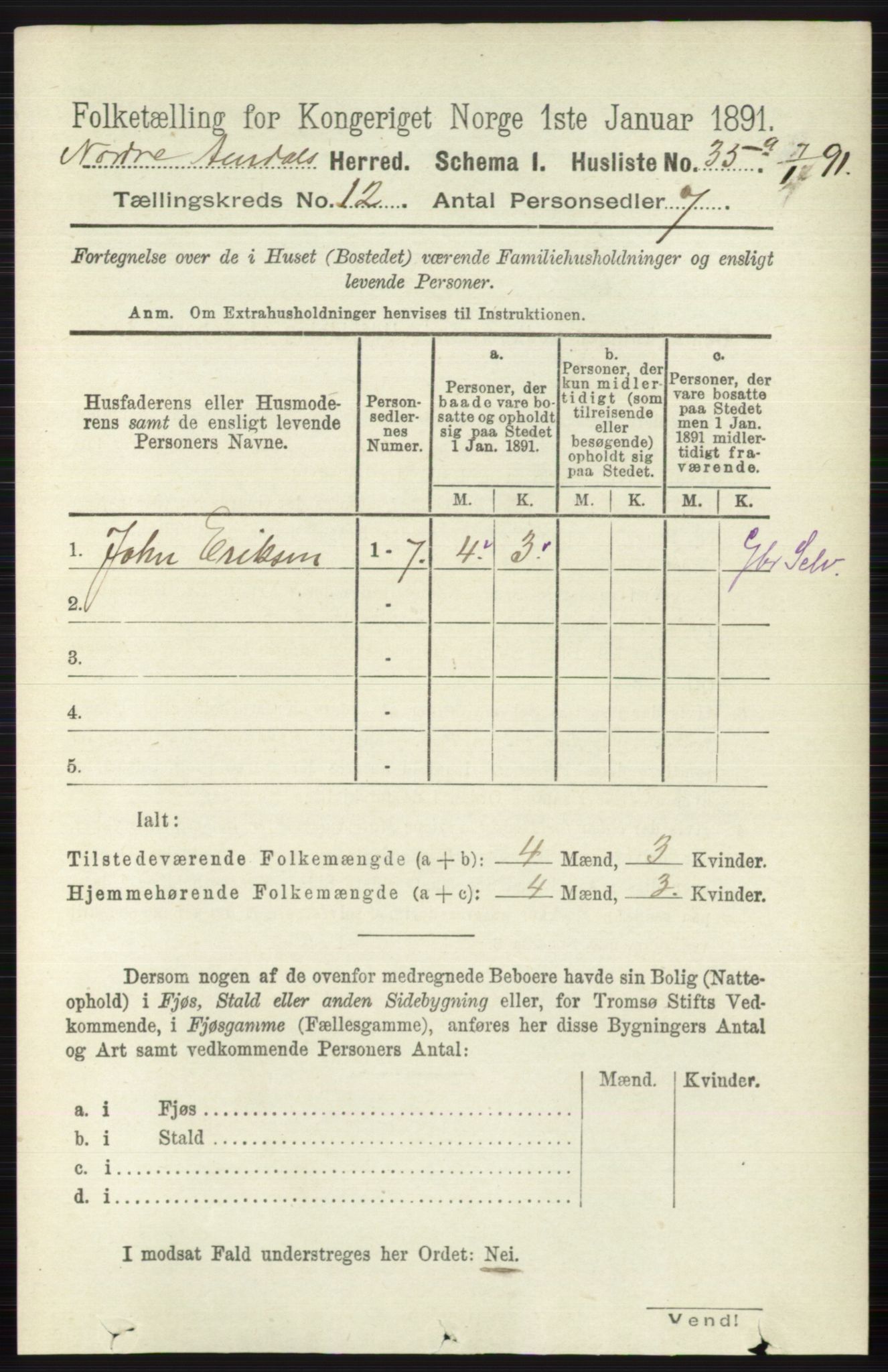 RA, 1891 census for 0542 Nord-Aurdal, 1891, p. 4498