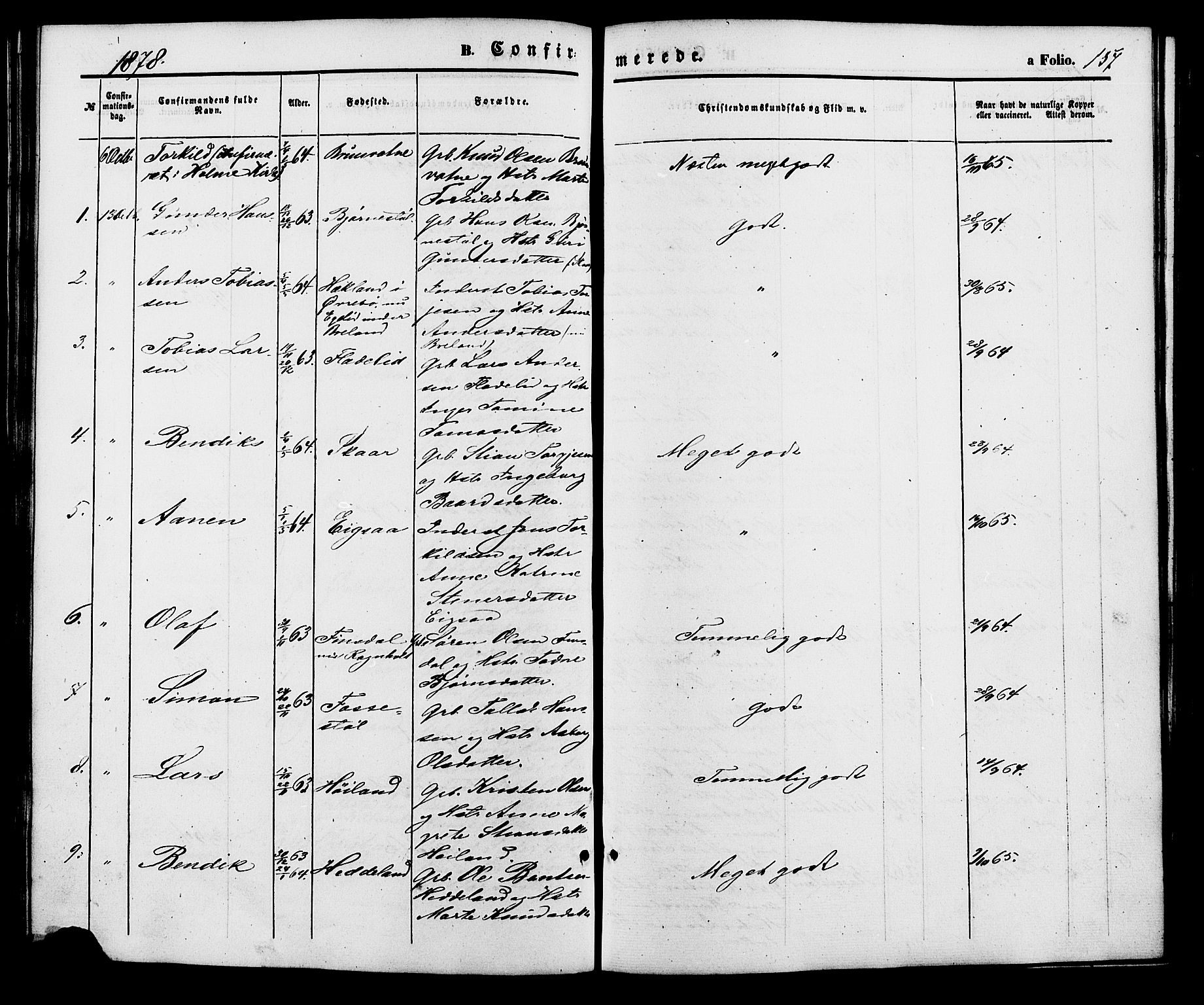 Holum sokneprestkontor, AV/SAK-1111-0022/F/Fa/Fac/L0003: Parish register (official) no. A 3, 1860-1883, p. 157