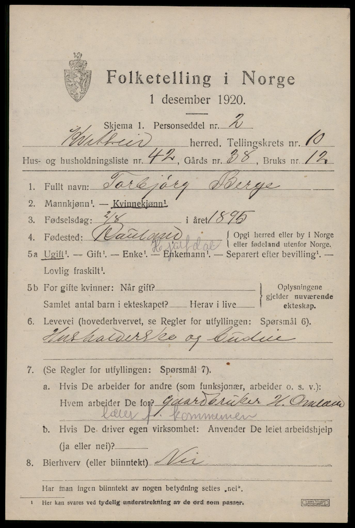 SAKO, 1920 census for Kviteseid, 1920, p. 5227