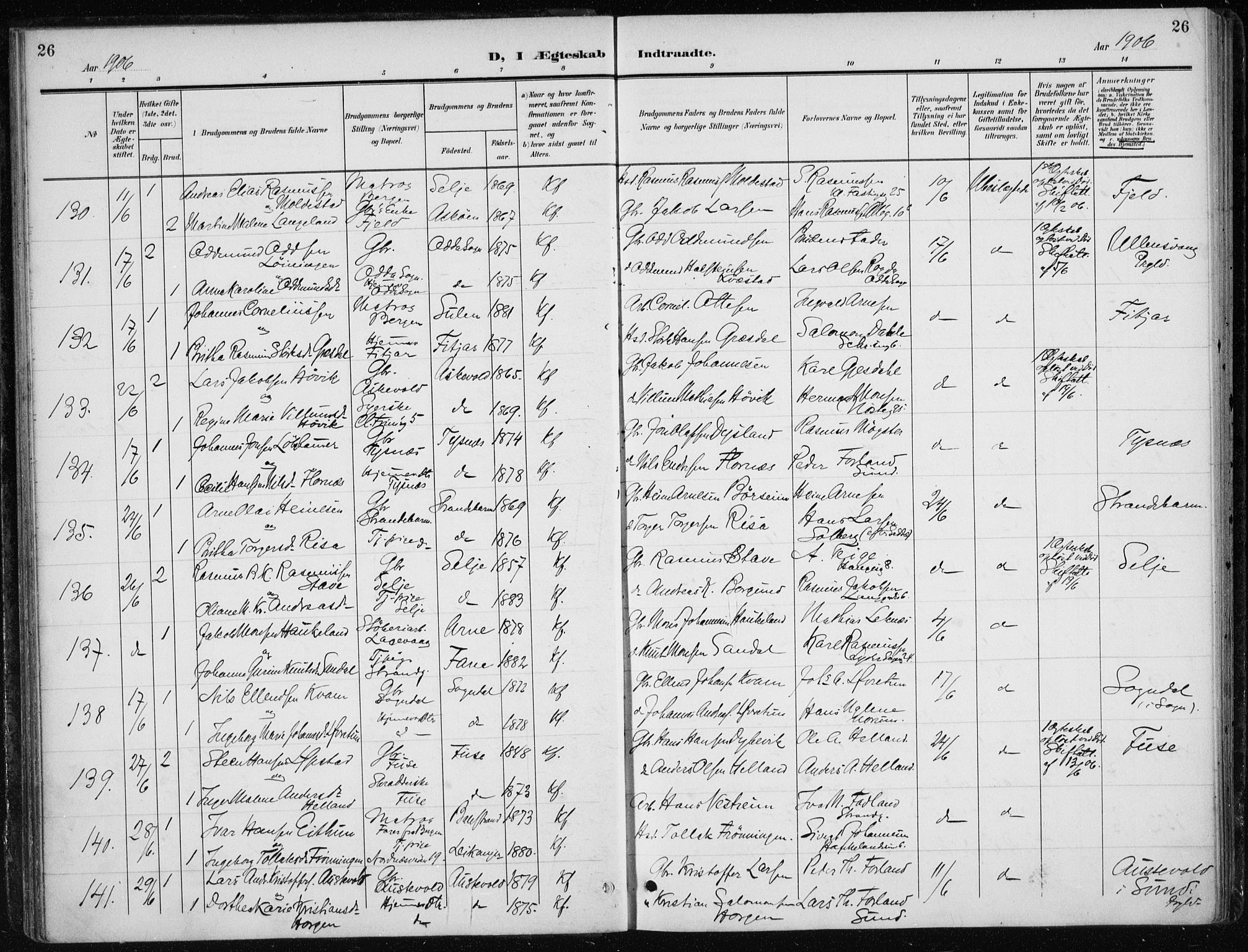 Nykirken Sokneprestembete, AV/SAB-A-77101/H/Haa/L0035: Parish register (official) no. D 5, 1905-1913, p. 26