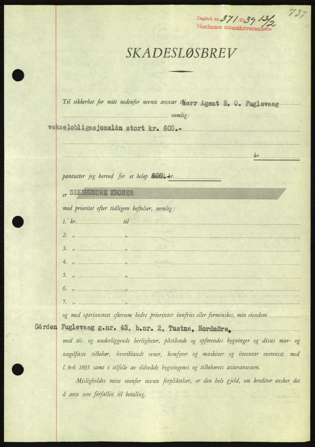 Nordmøre sorenskriveri, SAT/A-4132/1/2/2Ca: Mortgage book no. B84, 1938-1939, Diary no: : 371/1939