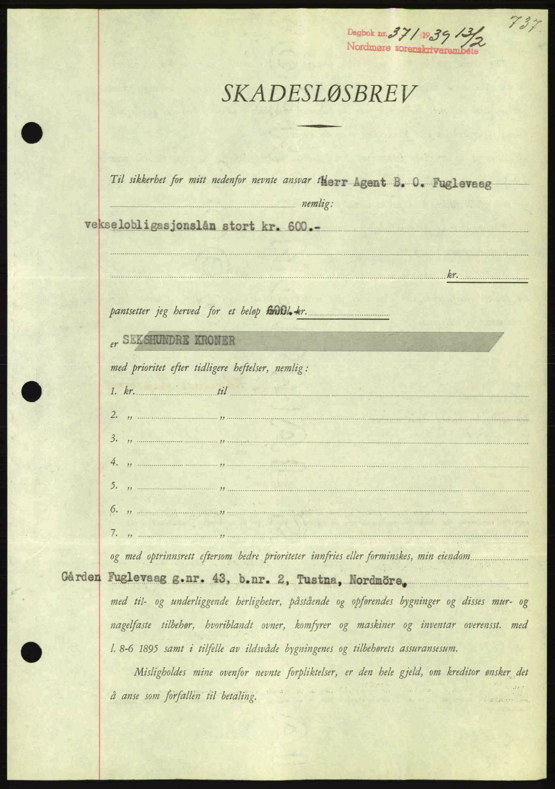 Nordmøre sorenskriveri, AV/SAT-A-4132/1/2/2Ca: Mortgage book no. B84, 1938-1939, Diary no: : 371/1939