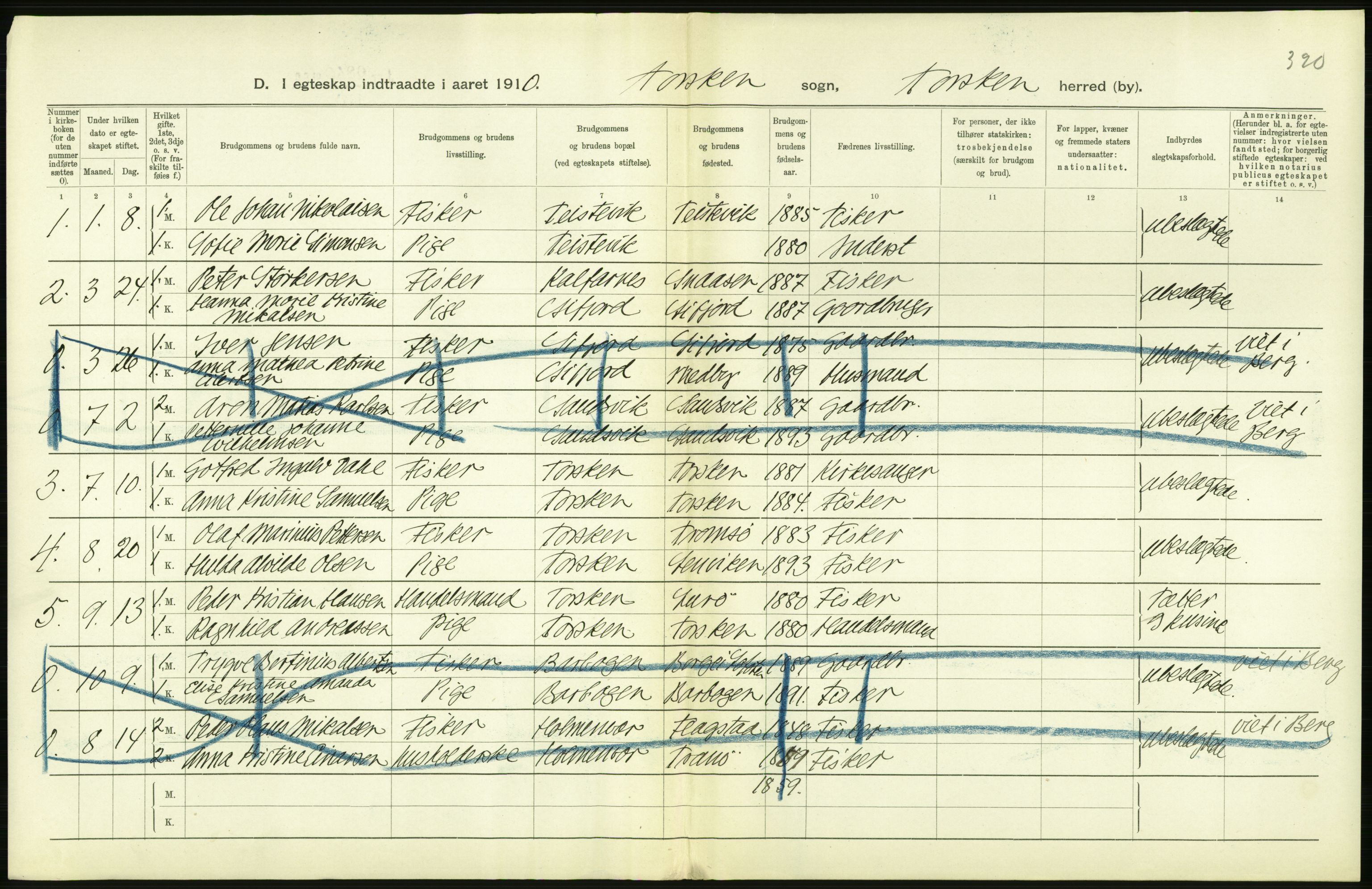 Statistisk sentralbyrå, Sosiodemografiske emner, Befolkning, AV/RA-S-2228/D/Df/Dfa/Dfah/L0044: Tromsø amt: Gifte, døde, dødfødte. Bygder og byer., 1910, p. 102