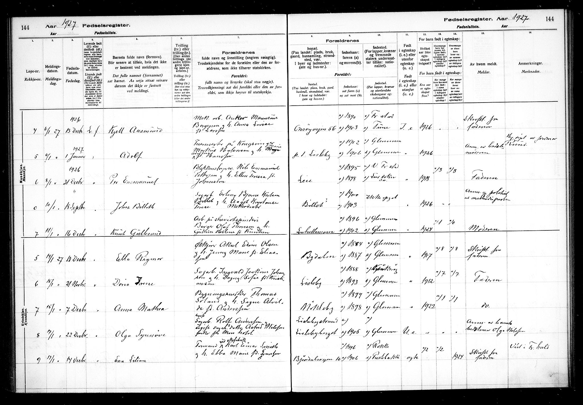 Glemmen prestekontor Kirkebøker, AV/SAO-A-10908/J/Ja/L0002: Birth register no. I 2, 1922-1929, p. 144