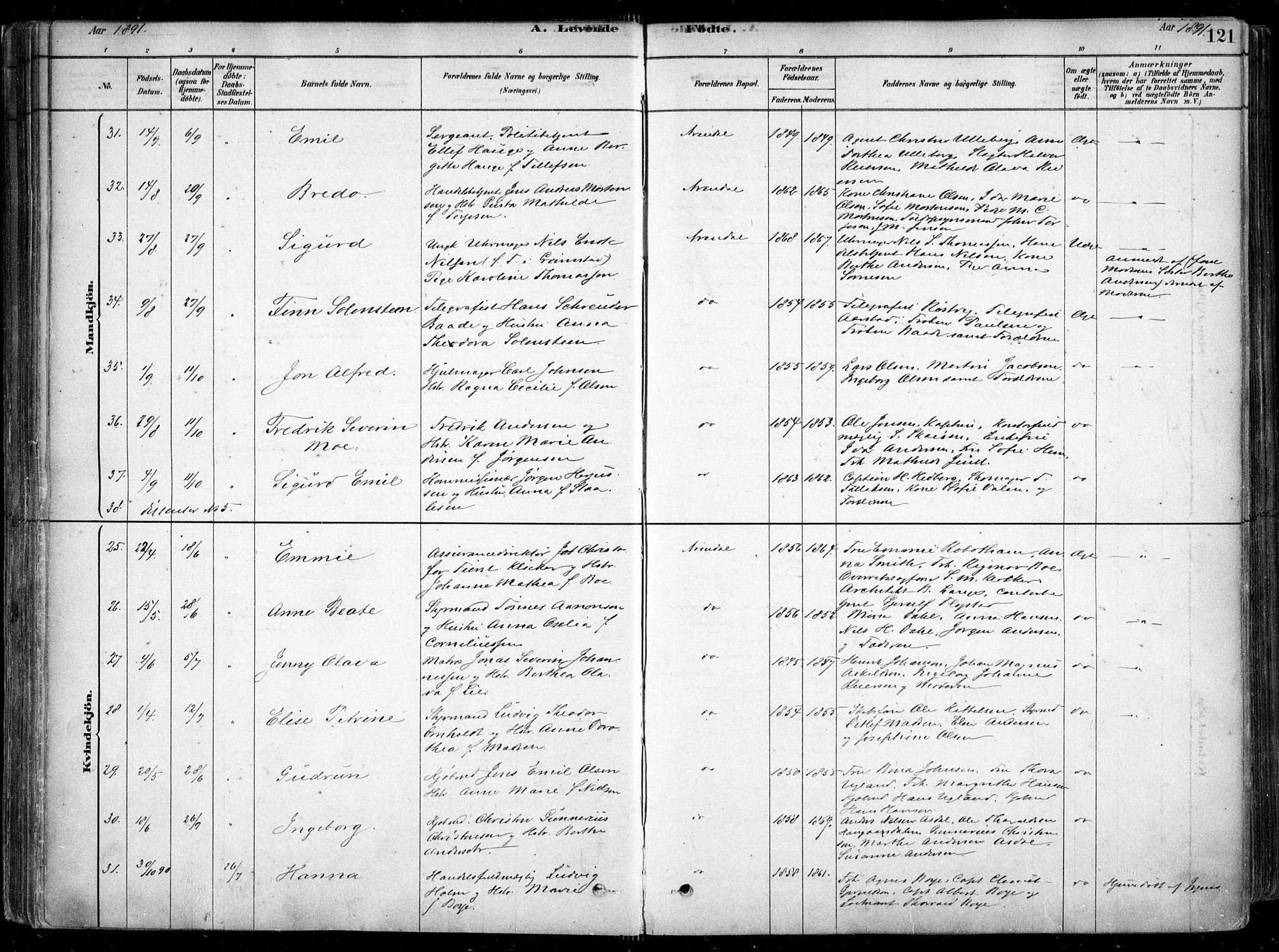 Arendal sokneprestkontor, Trefoldighet, AV/SAK-1111-0040/F/Fa/L0008: Parish register (official) no. A 8, 1878-1899, p. 121