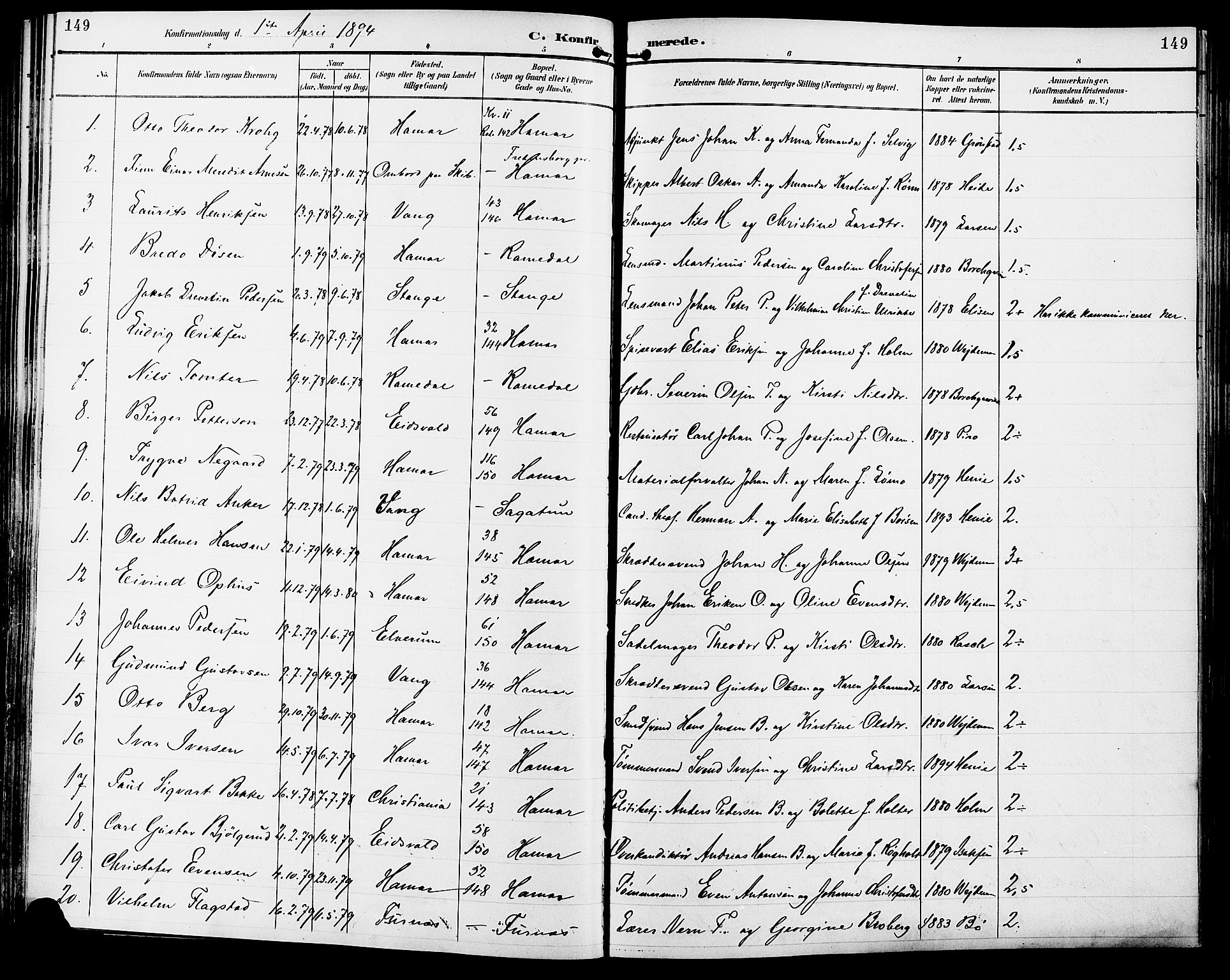Vang prestekontor, Hedmark, SAH/PREST-008/H/Ha/Haa/L0017: Parish register (official) no. 17, 1890-1899, p. 149