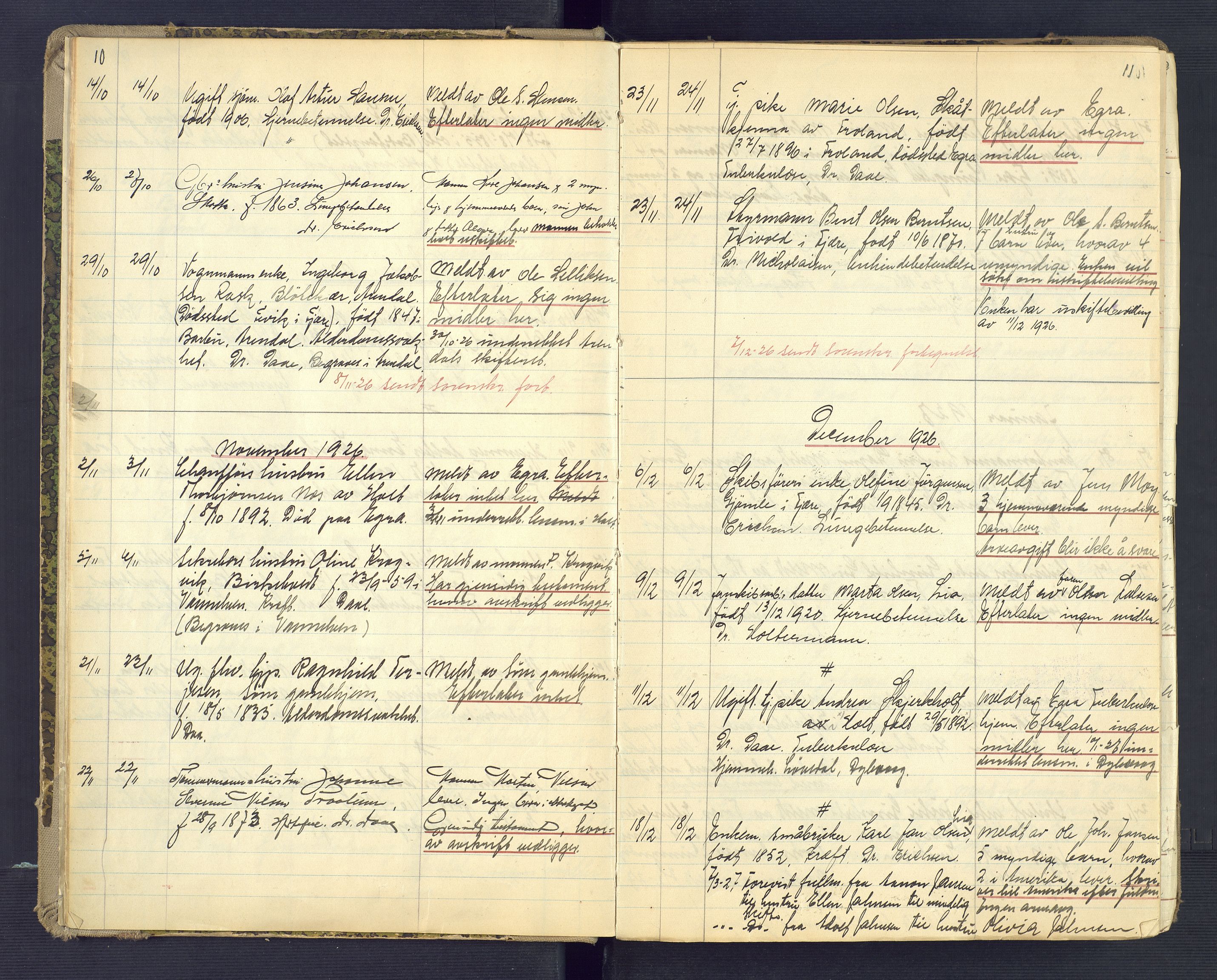 Landvik og Fjære lensmannskontor, SAK/1241-0027/F/Fe/L0003: Anmeldte dødsfall nr 32, 1926-1935, p. 10-11