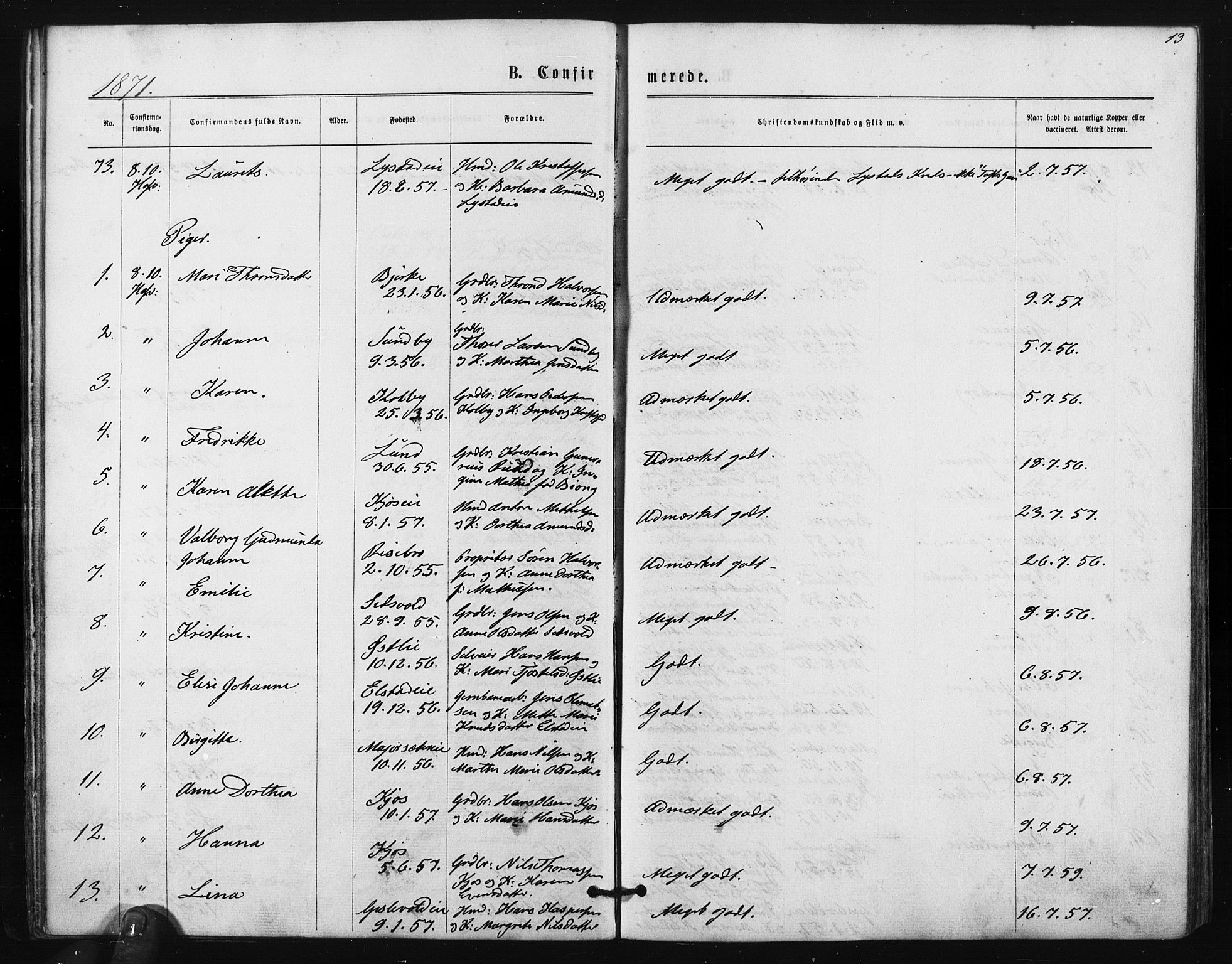 Ullensaker prestekontor Kirkebøker, AV/SAO-A-10236a/F/Fa/L0017: Parish register (official) no. I 17, 1871-1875, p. 13