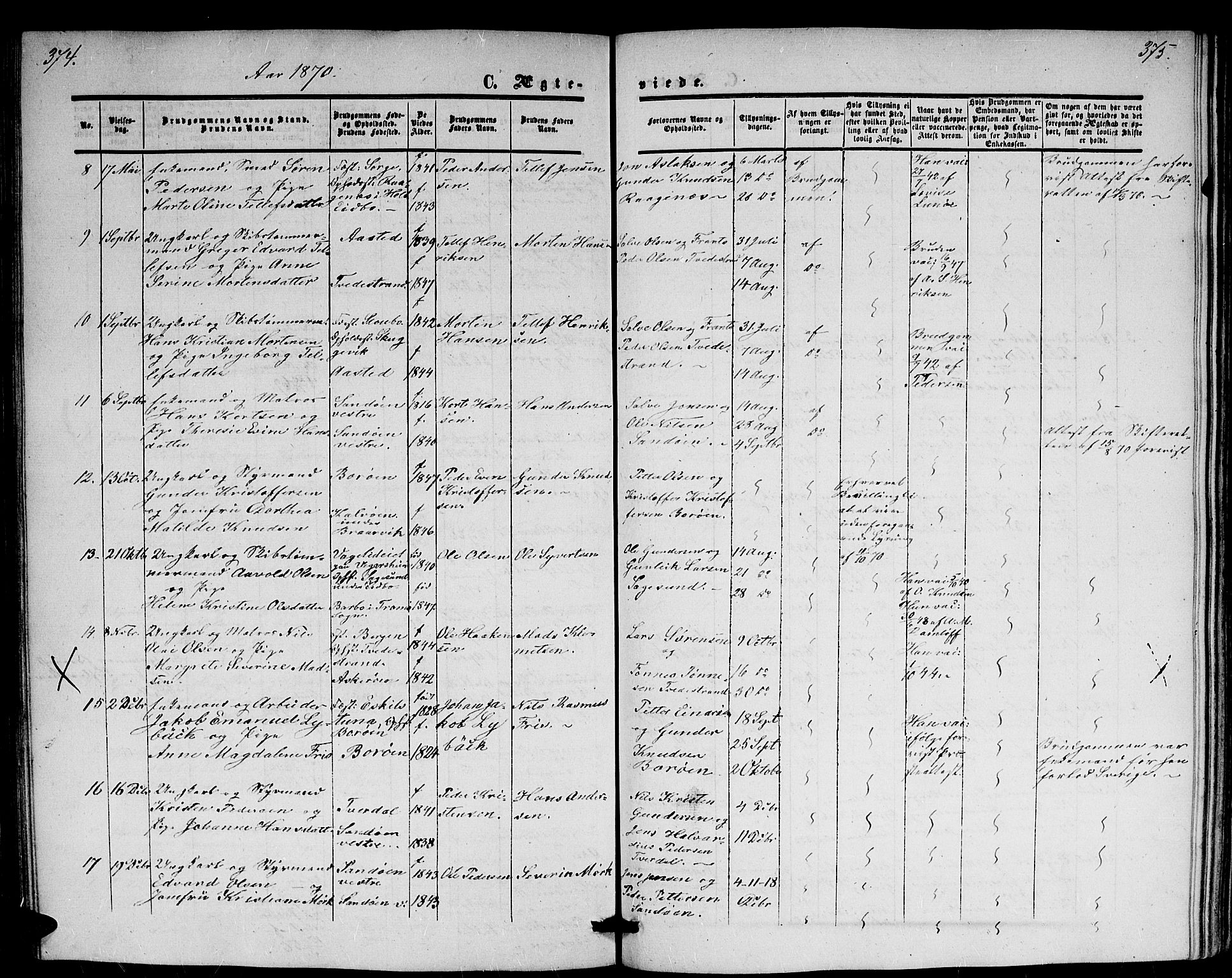 Dypvåg sokneprestkontor, AV/SAK-1111-0007/F/Fb/Fba/L0011: Parish register (copy) no. B 11, 1857-1872, p. 374-375