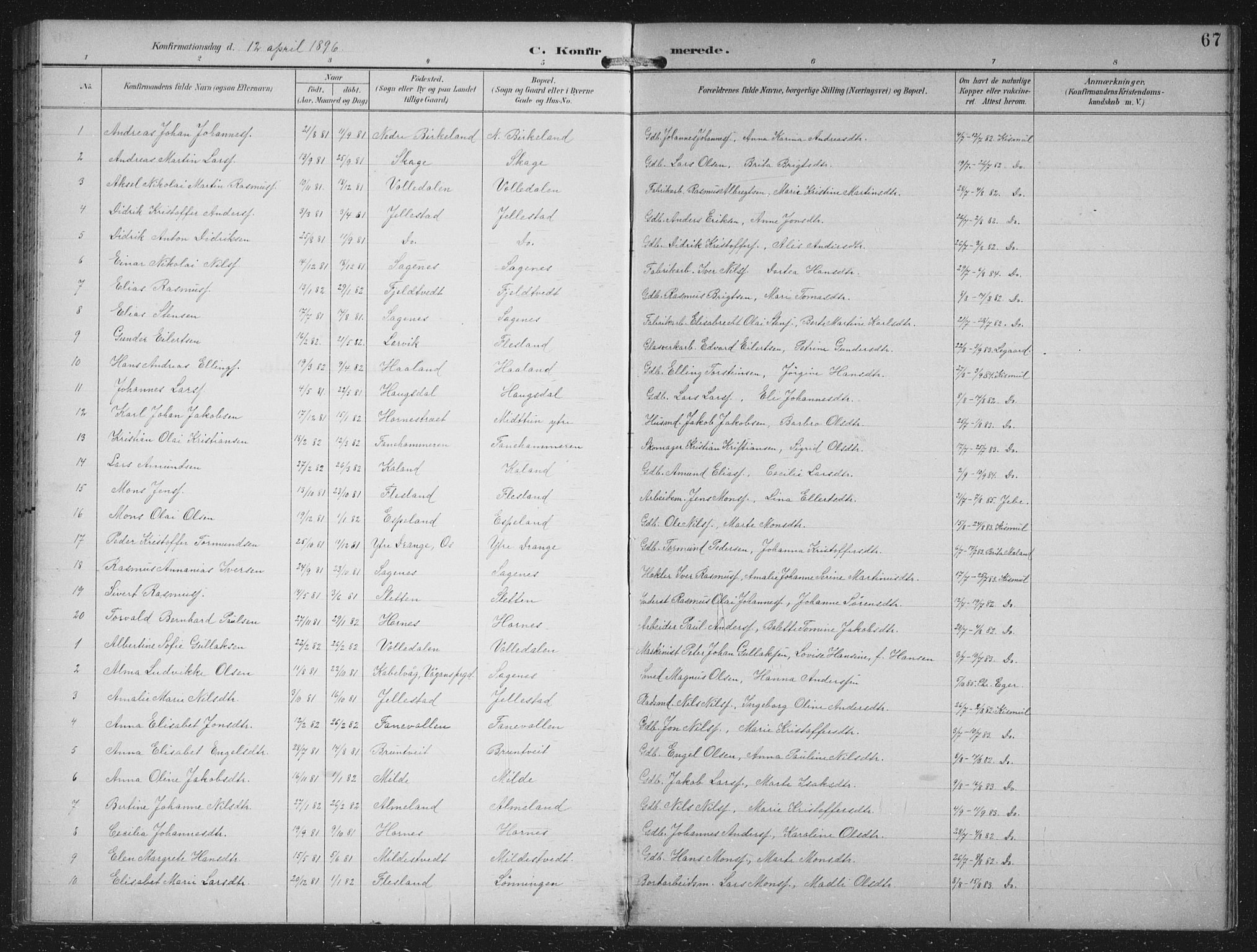 Fana Sokneprestembete, SAB/A-75101/H/Hab/Haba/L0003: Parish register (copy) no. A 3, 1895-1902, p. 67
