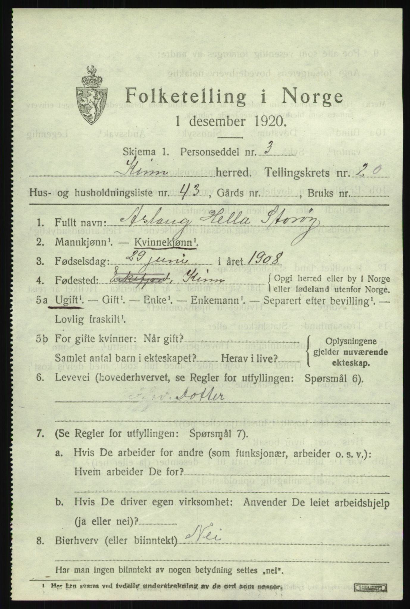 SAB, 1920 census for Kinn, 1920, p. 7729