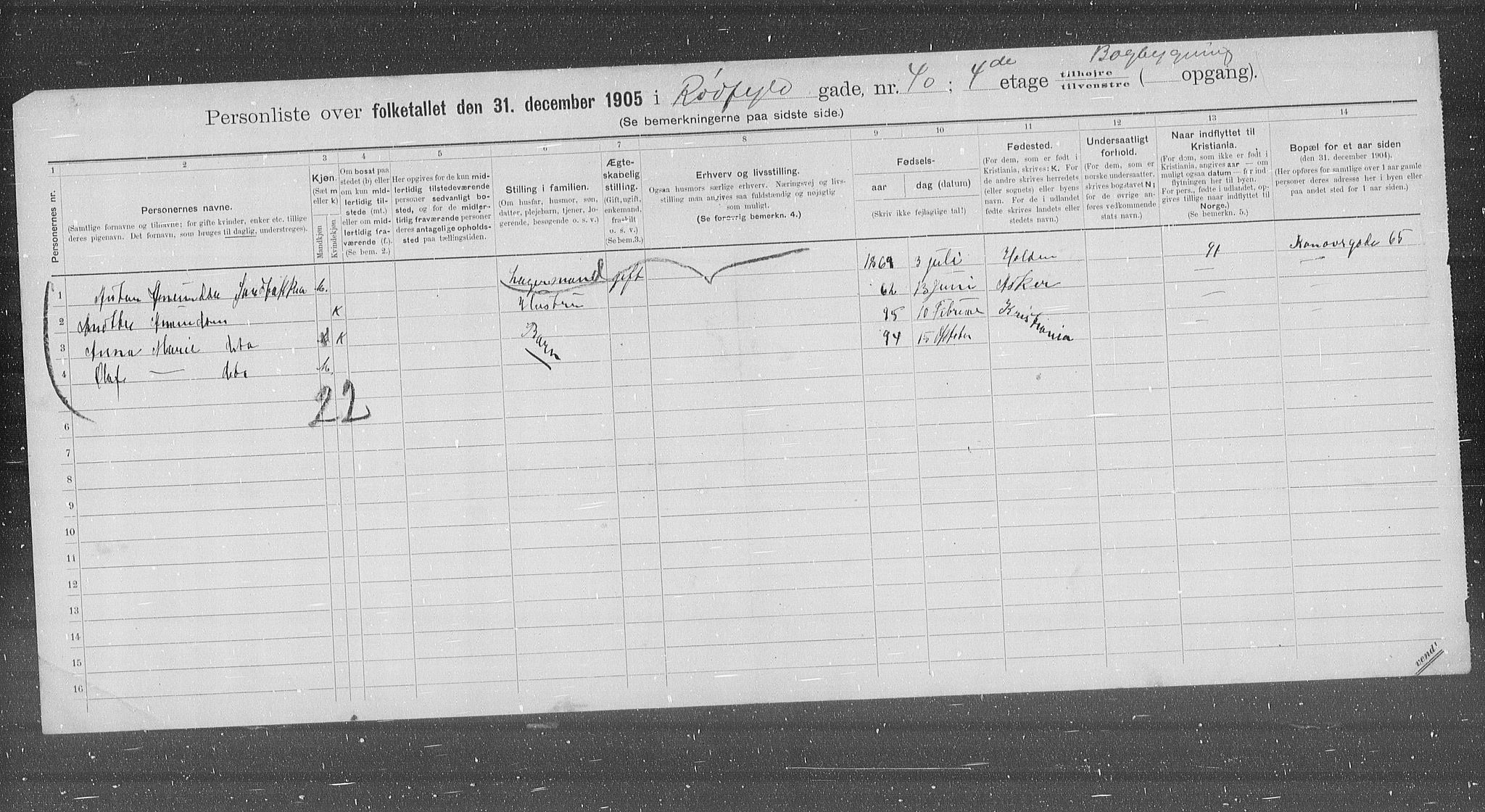 OBA, Municipal Census 1905 for Kristiania, 1905, p. 45435