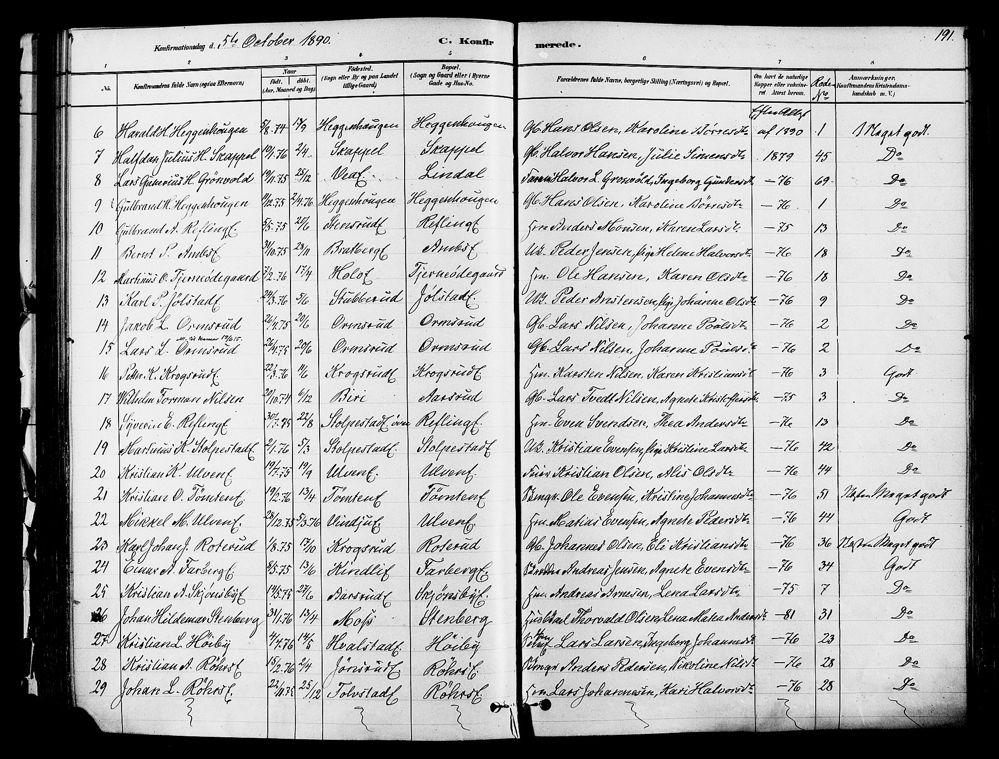 Ringsaker prestekontor, AV/SAH-PREST-014/K/Ka/L0012: Parish register (official) no. 12, 1879-1890, p. 191