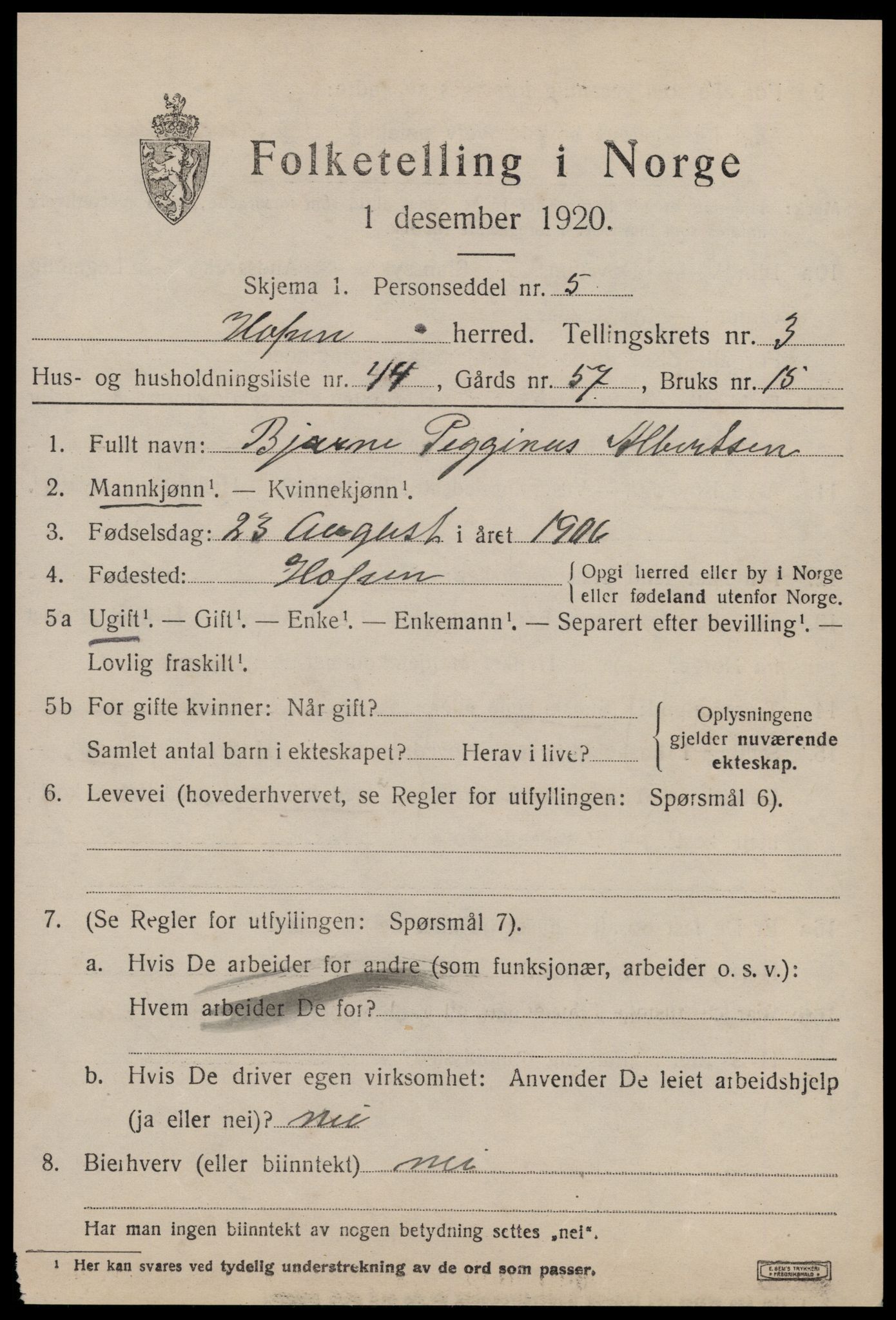 SAT, 1920 census for Hopen, 1920, p. 1988