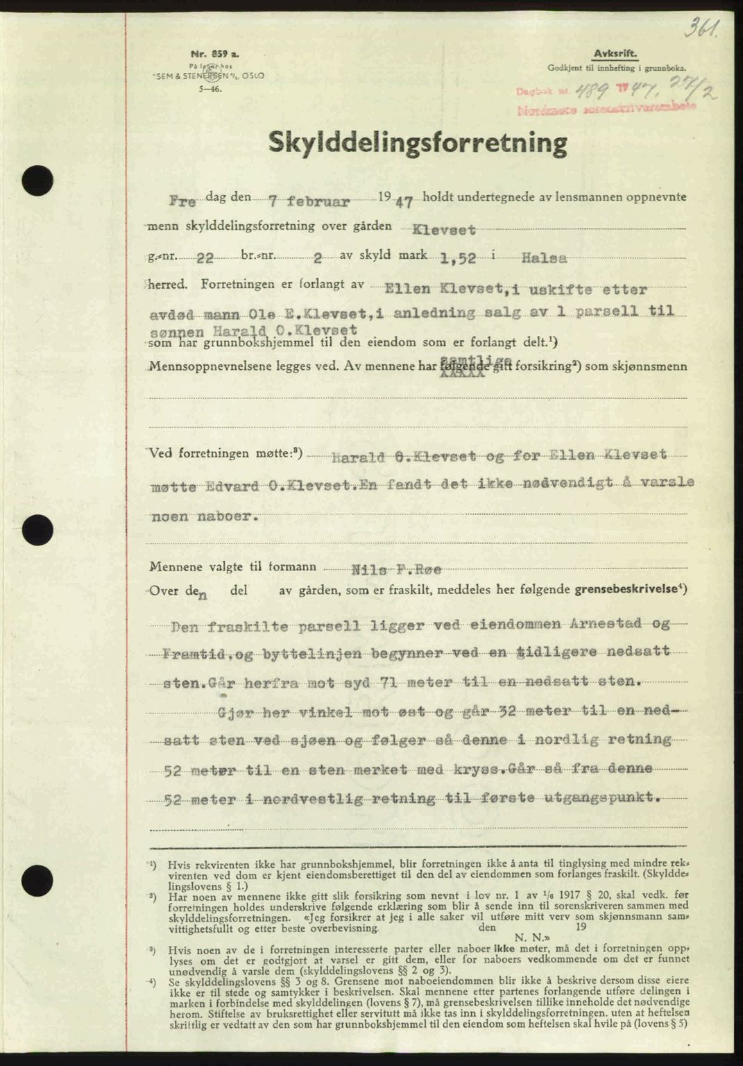 Nordmøre sorenskriveri, AV/SAT-A-4132/1/2/2Ca: Mortgage book no. A104, 1947-1947, Diary no: : 489/1947