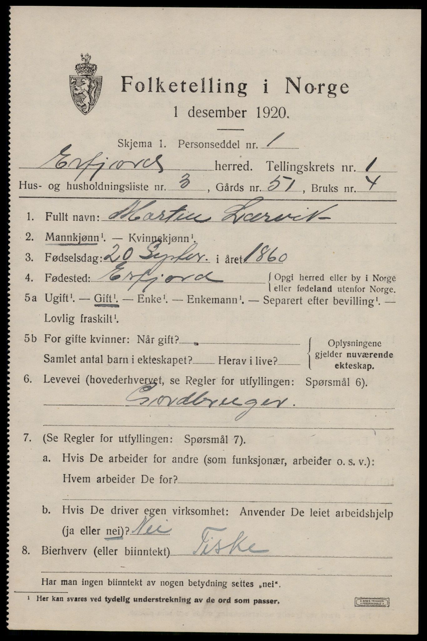 SAST, 1920 census for Erfjord, 1920, p. 295