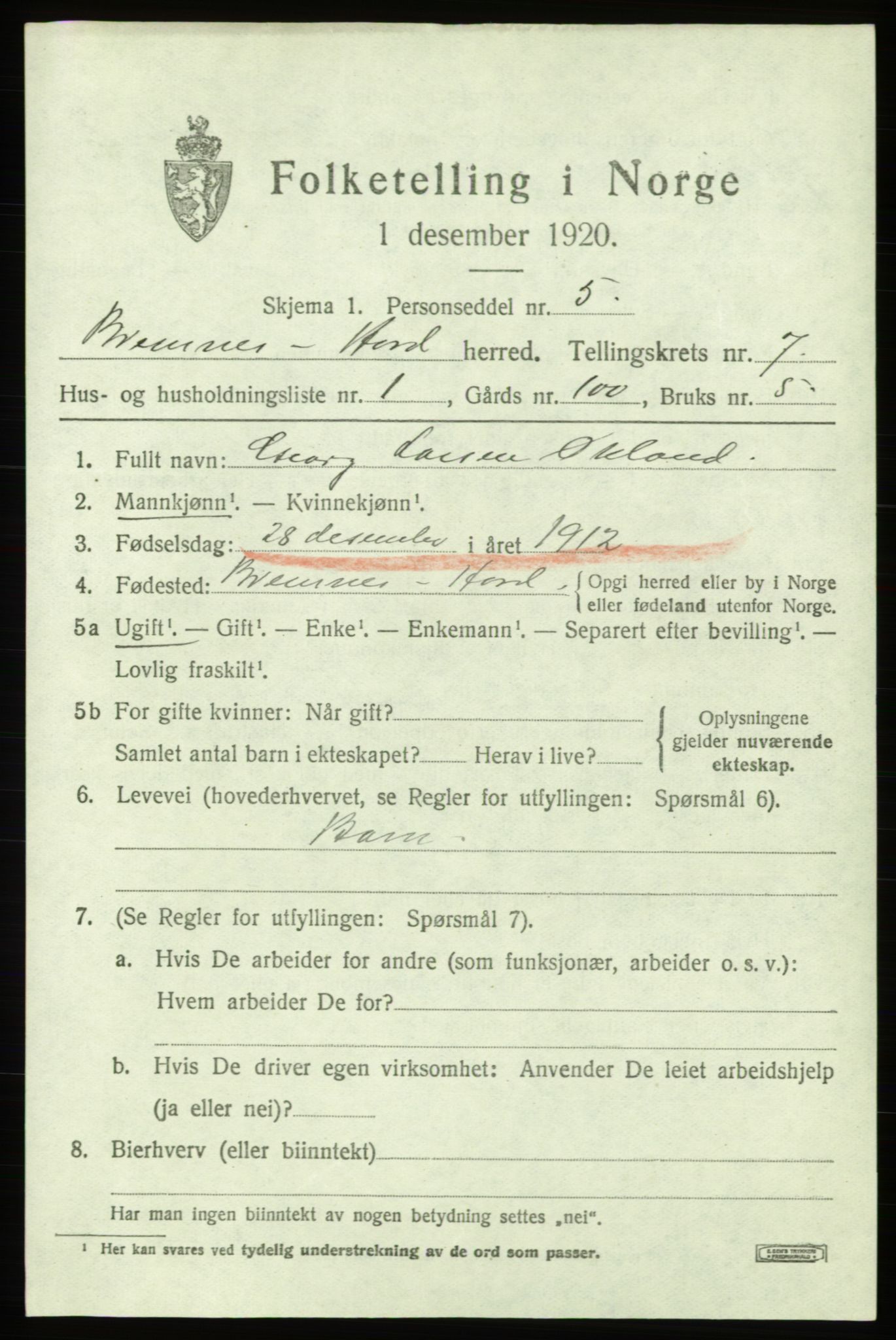 SAB, 1920 census for Bremnes, 1920, p. 4016