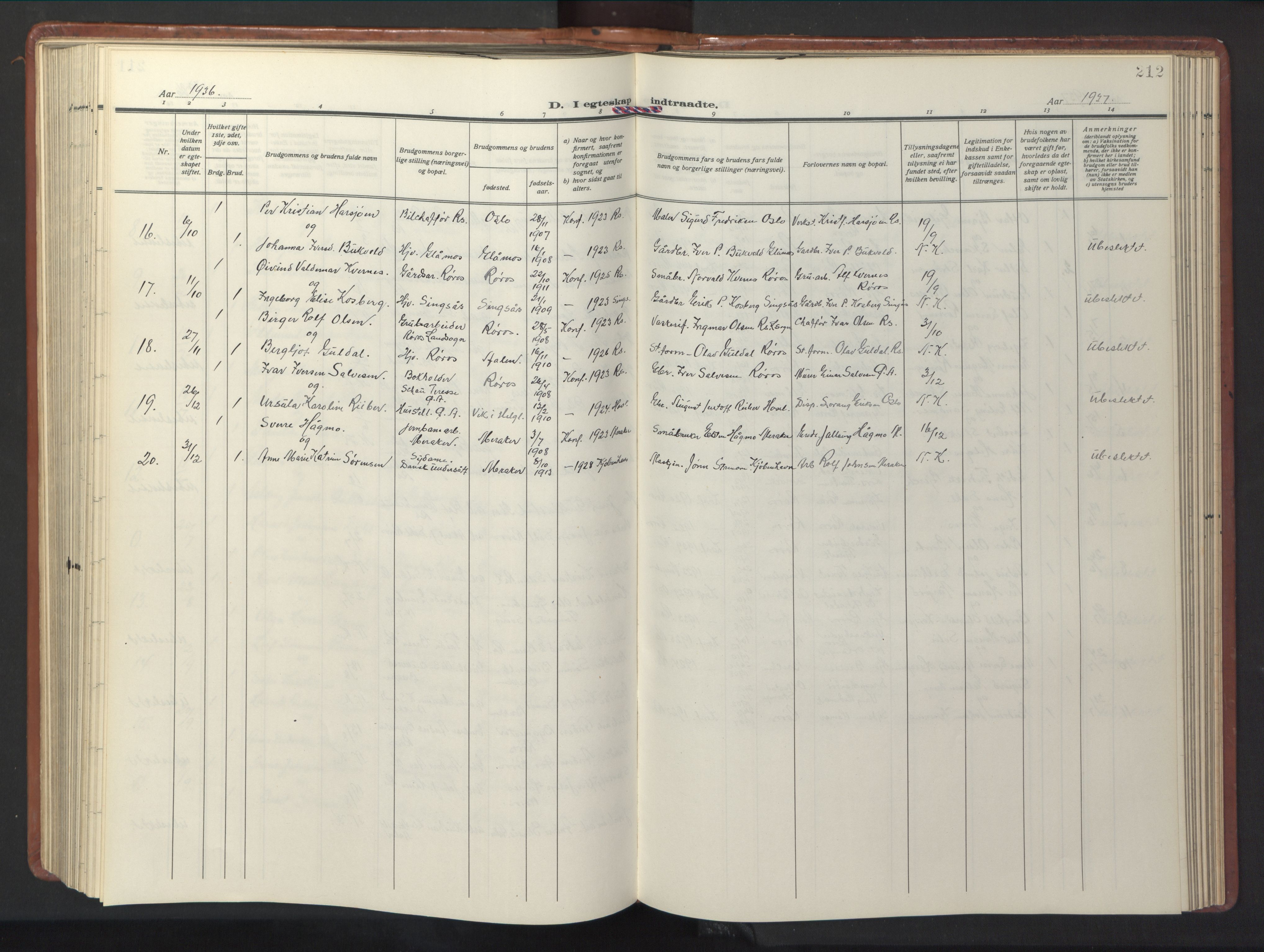 Ministerialprotokoller, klokkerbøker og fødselsregistre - Sør-Trøndelag, AV/SAT-A-1456/681/L0943: Parish register (copy) no. 681C07, 1926-1954, p. 212