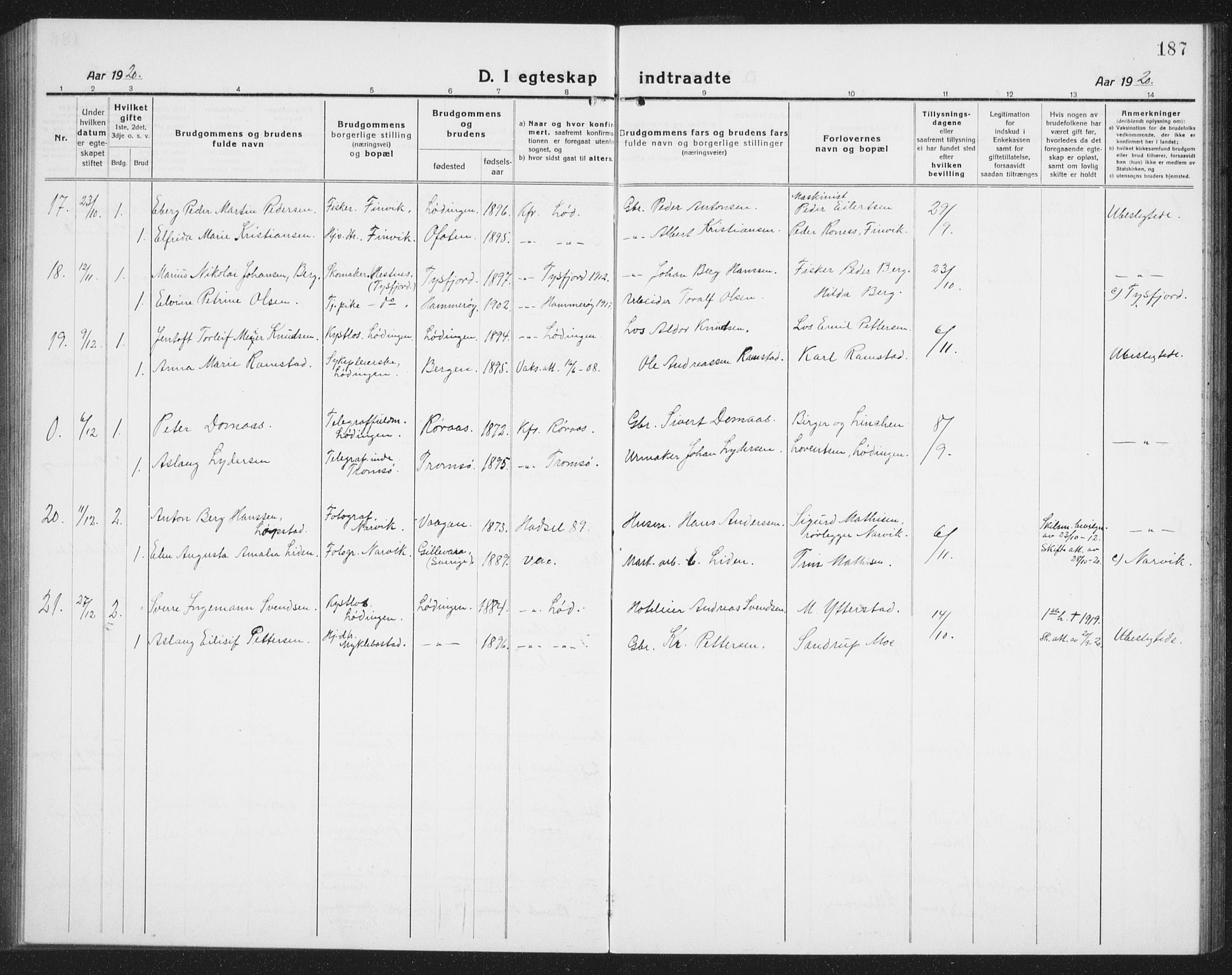 Ministerialprotokoller, klokkerbøker og fødselsregistre - Nordland, AV/SAT-A-1459/872/L1049: Parish register (copy) no. 872C05, 1920-1938, p. 187