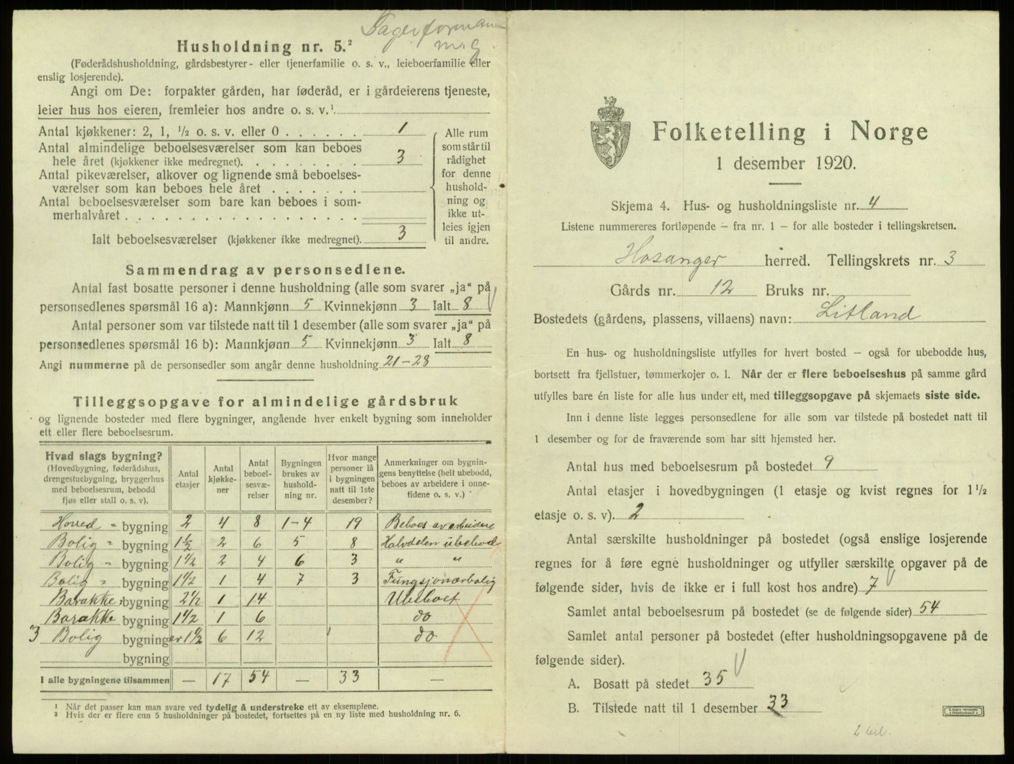 SAB, 1920 census for Hosanger, 1920, p. 149