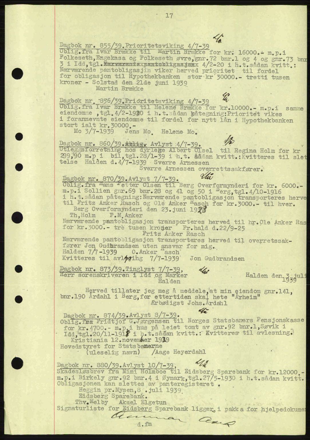 Idd og Marker sorenskriveri, AV/SAO-A-10283/G/Gb/Gbc/L0002: Mortgage book no. B4-9a, 1939-1945, Diary no: : 855/1939