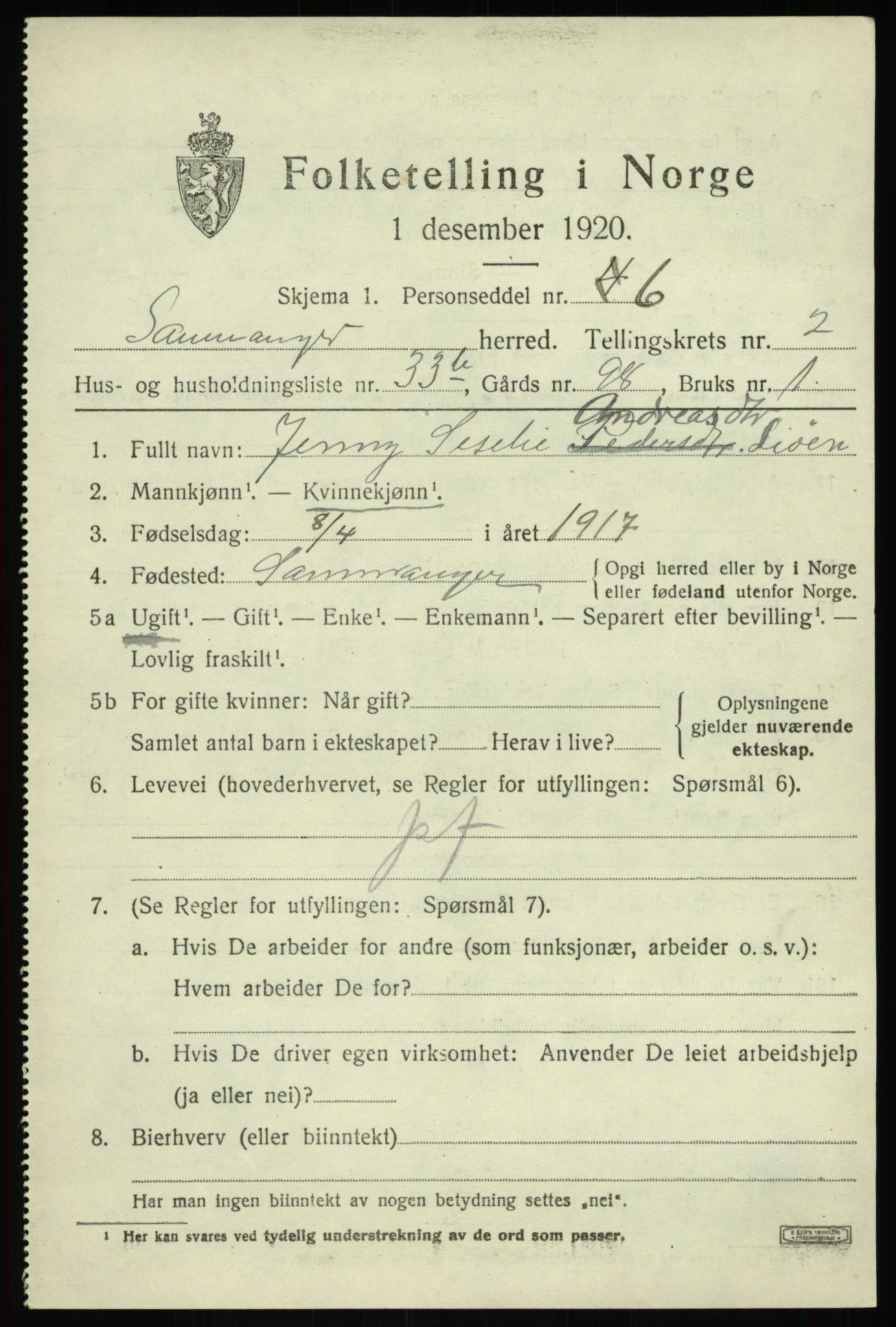 SAB, 1920 census for Samnanger, 1920, p. 1487