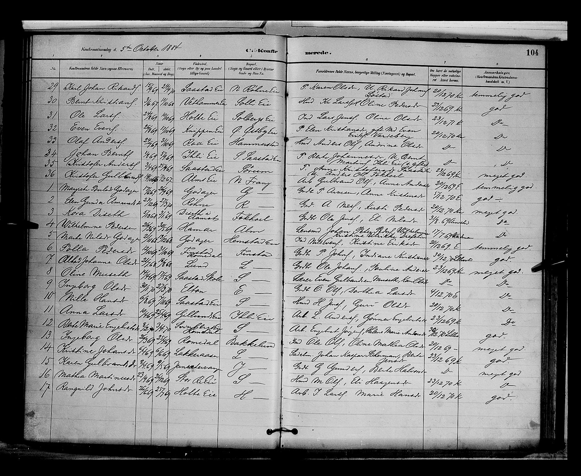 Stange prestekontor, AV/SAH-PREST-002/L/L0009: Parish register (copy) no. 9, 1883-1899, p. 104