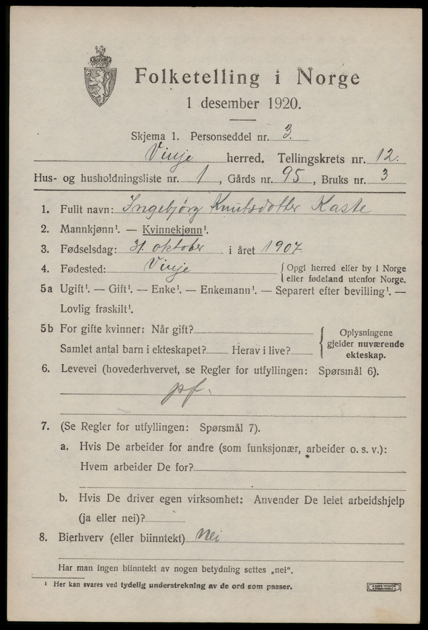 SAKO, 1920 census for Vinje, 1920, p. 3889