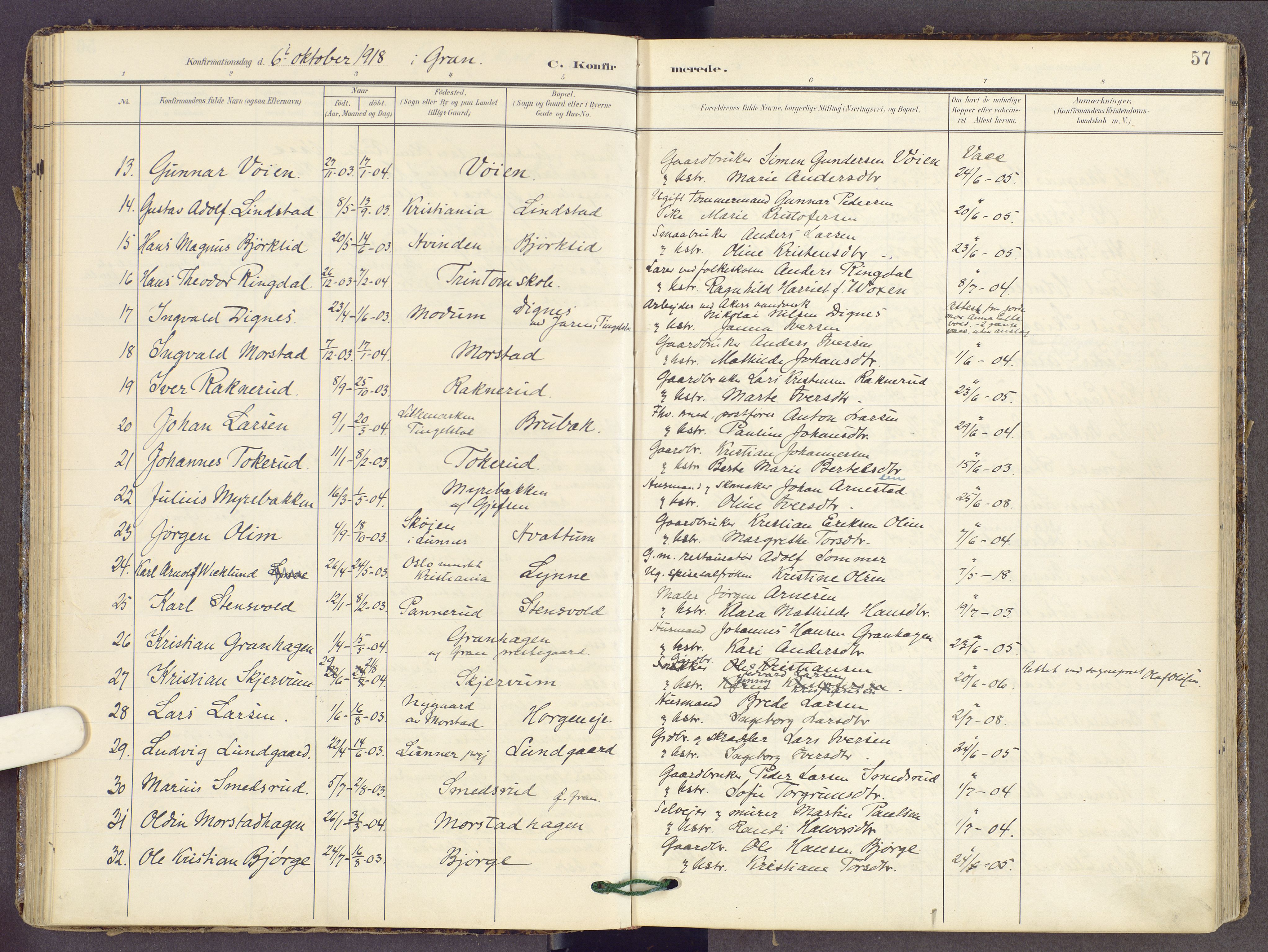 Gran prestekontor, SAH/PREST-112/H/Ha/Haa/L0022: Parish register (official) no. 22, 1908-1918, p. 57
