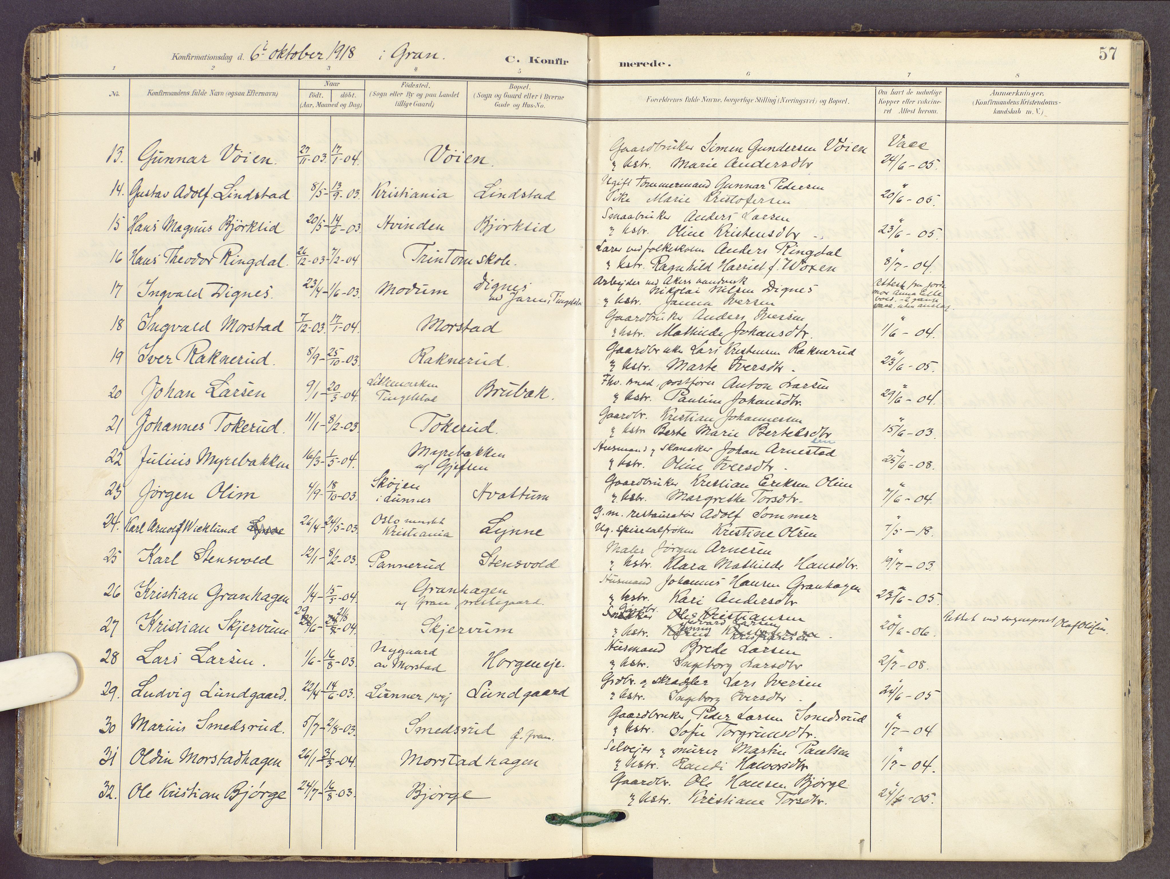 Gran prestekontor, AV/SAH-PREST-112/H/Ha/Haa/L0022: Parish register (official) no. 22, 1908-1918, p. 57