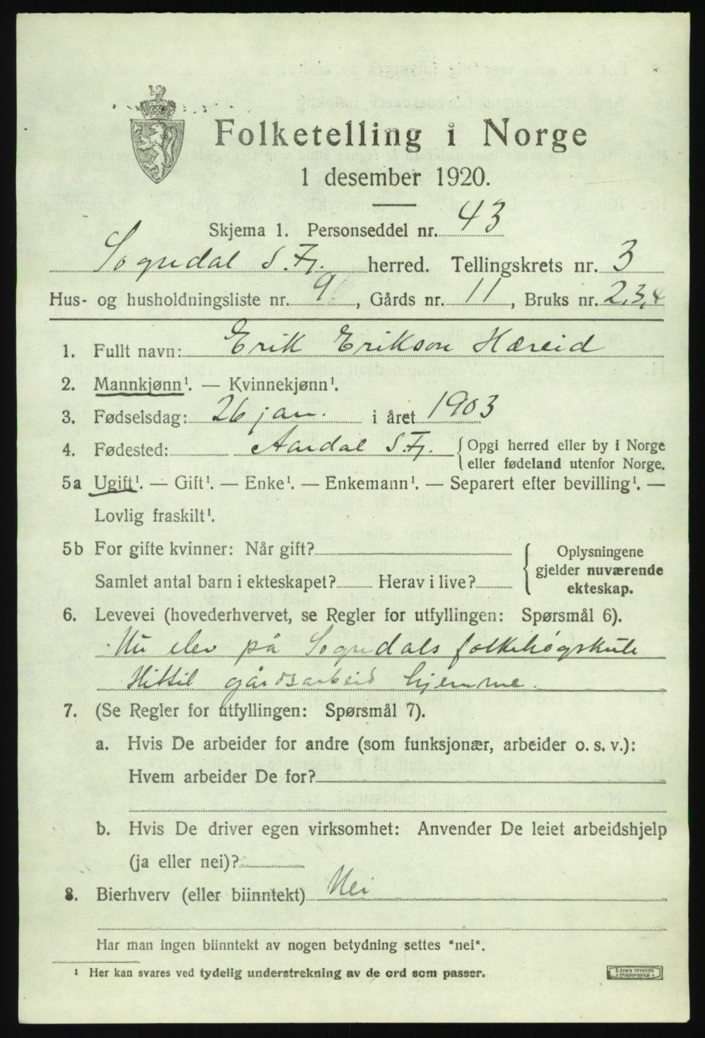 SAB, 1920 census for Sogndal, 1920, p. 2285