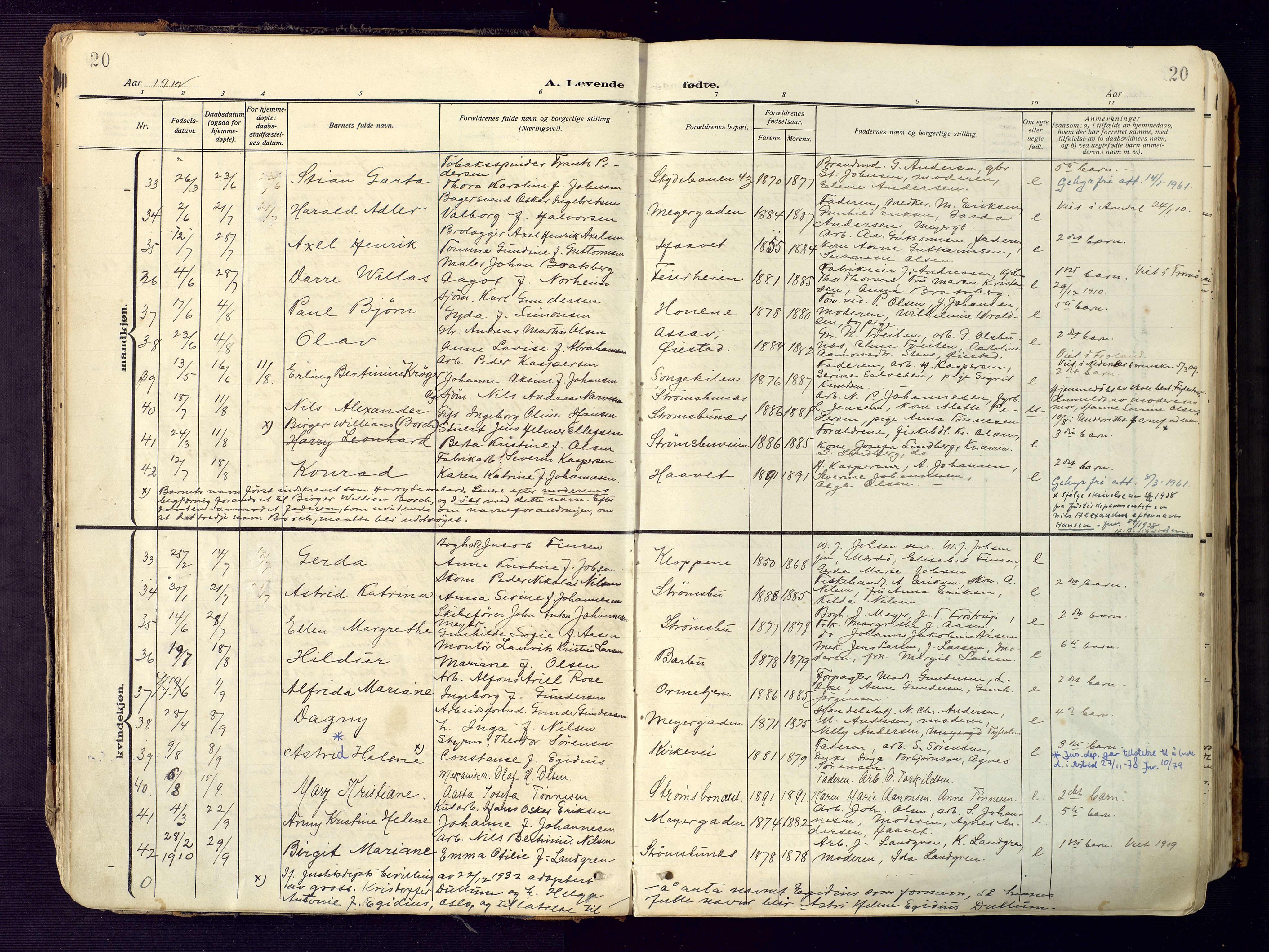 Barbu sokneprestkontor, AV/SAK-1111-0003/F/Fa/L0006: Parish register (official) no. A 6, 1910-1929, p. 20