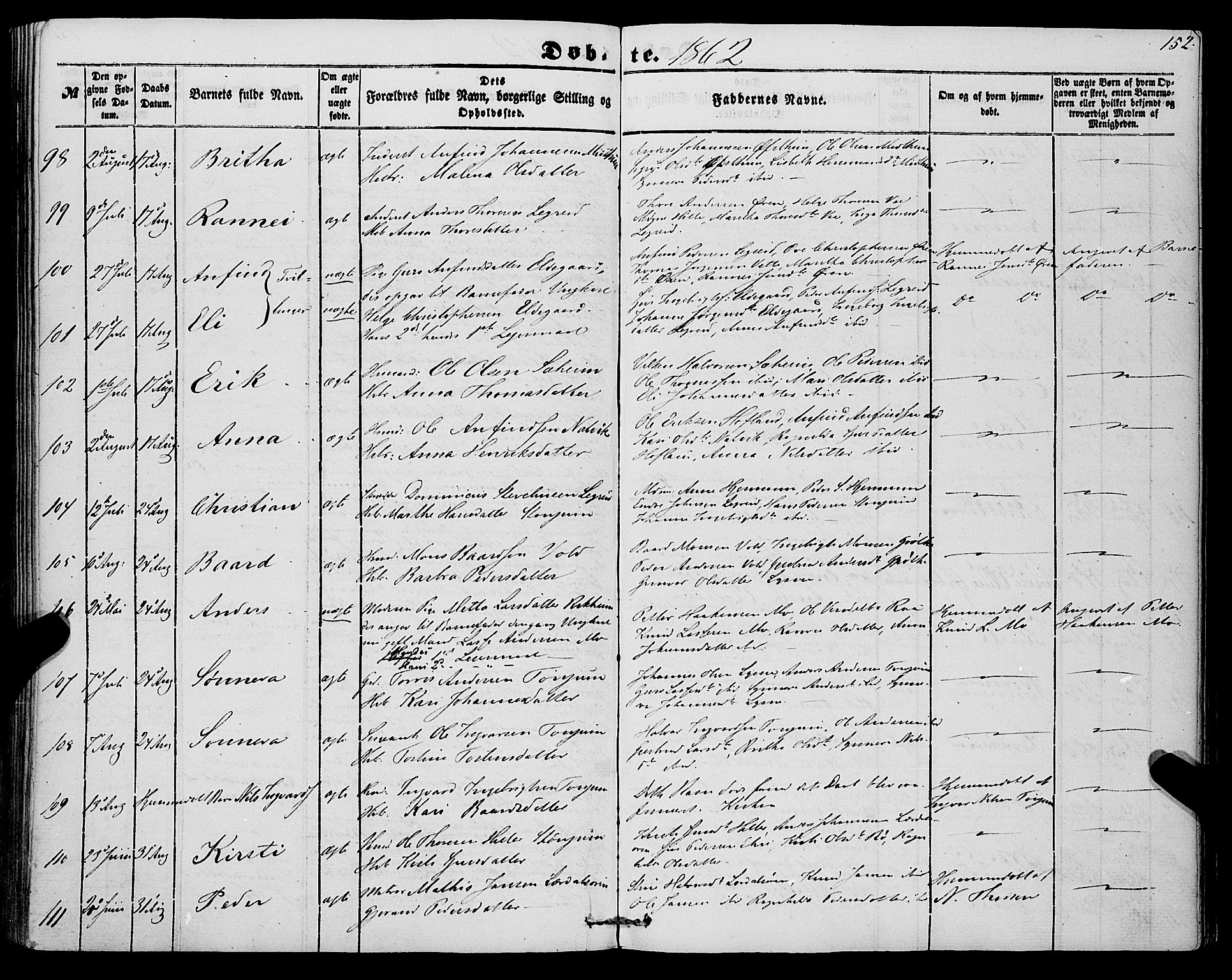 Lærdal sokneprestembete, AV/SAB-A-81201: Parish register (official) no. A 11, 1850-1866, p. 152