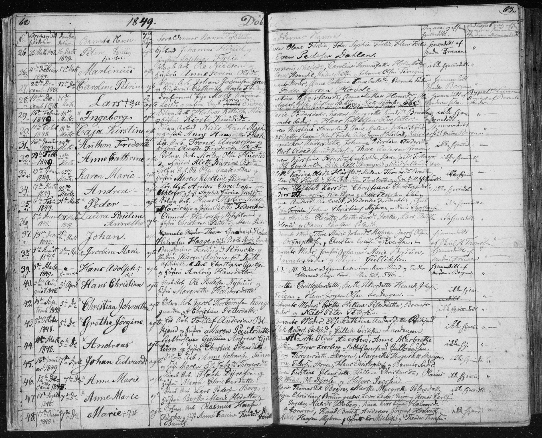 Kongsberg kirkebøker, SAKO/A-22/F/Fa/L0009: Parish register (official) no. I 9, 1839-1858, p. 62-63
