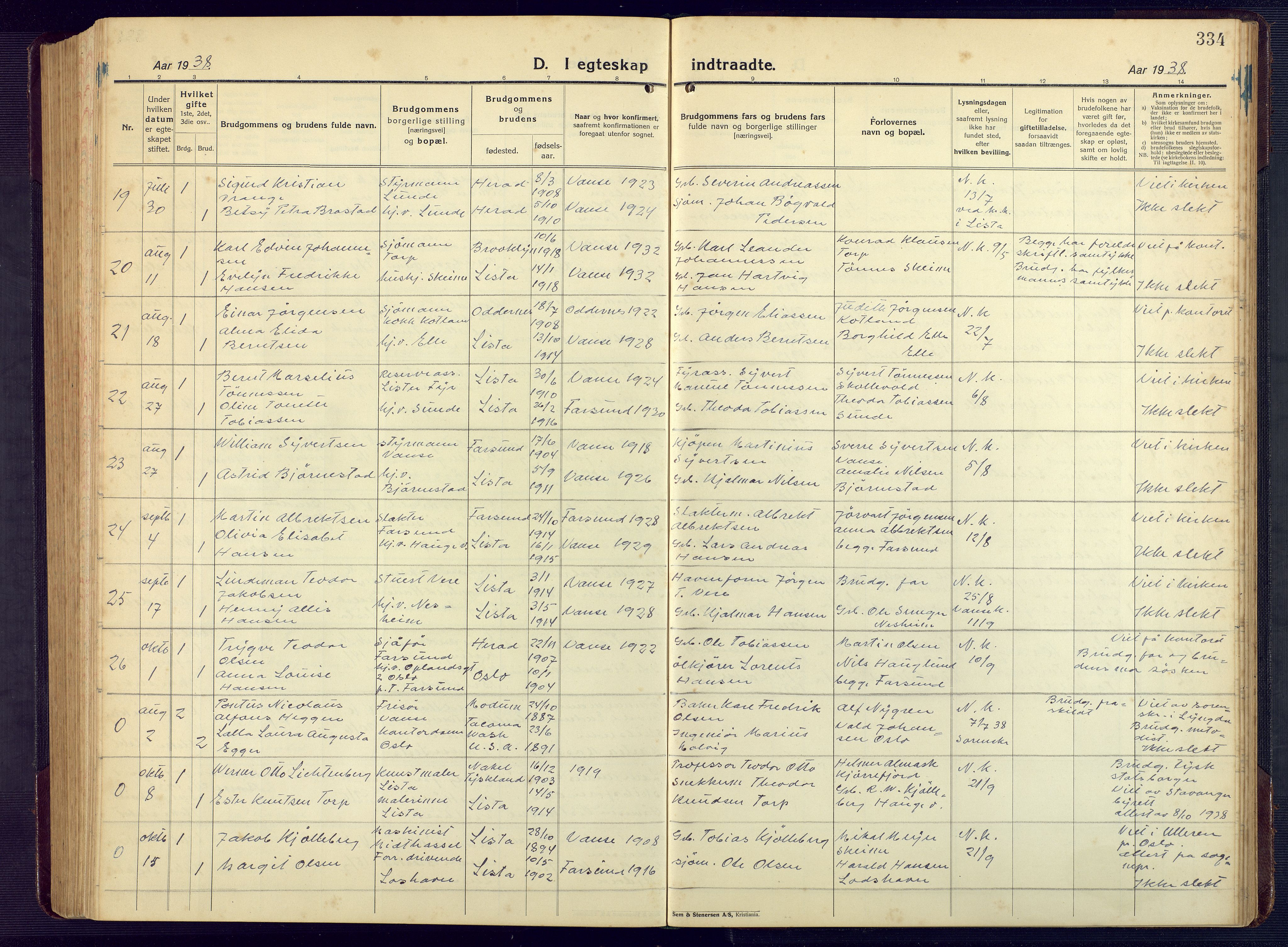 Lista sokneprestkontor, AV/SAK-1111-0027/F/Fb/L0006: Parish register (copy) no. B 6, 1924-1947, p. 334