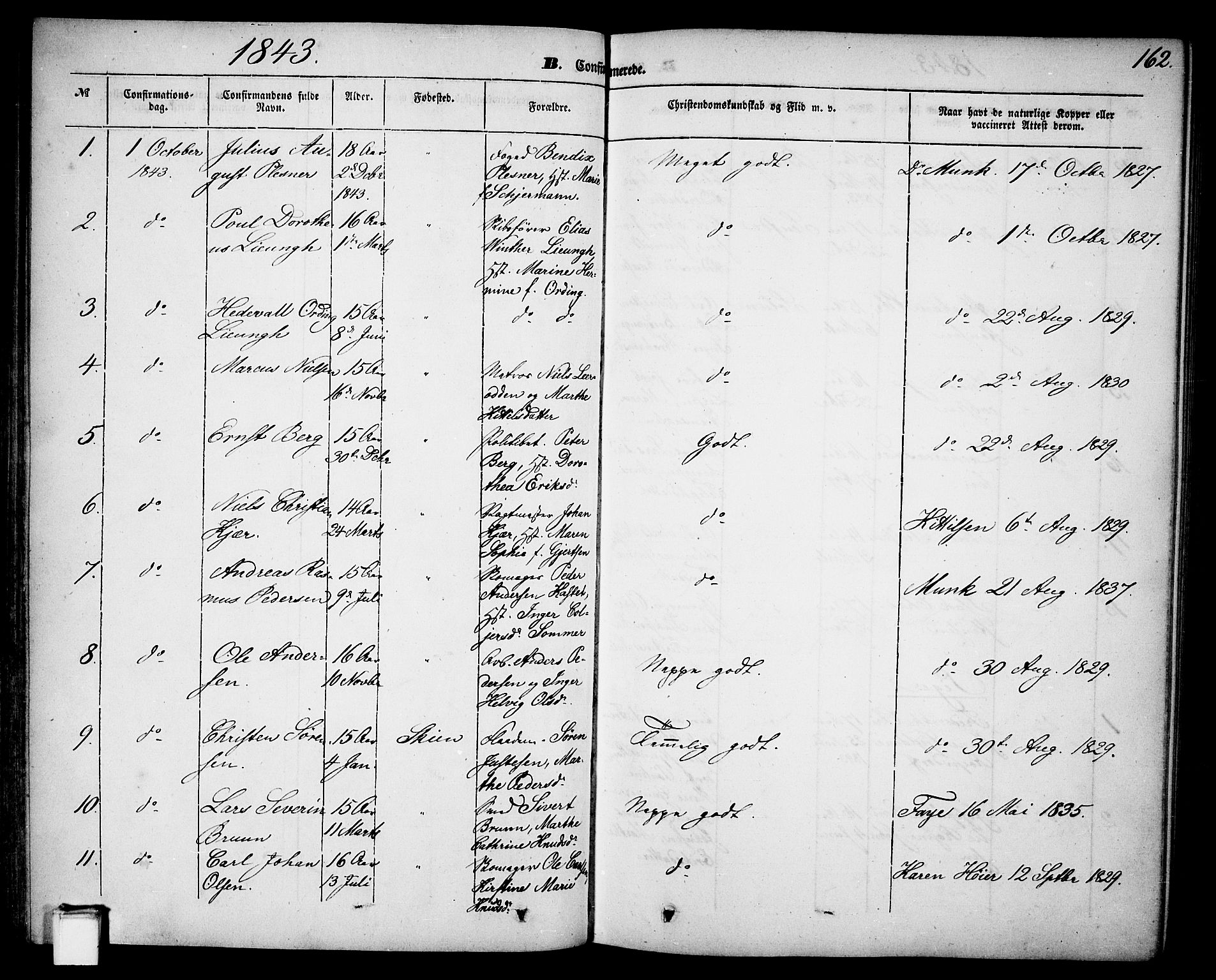Skien kirkebøker, SAKO/A-302/G/Ga/L0004: Parish register (copy) no. 4, 1843-1867, p. 162