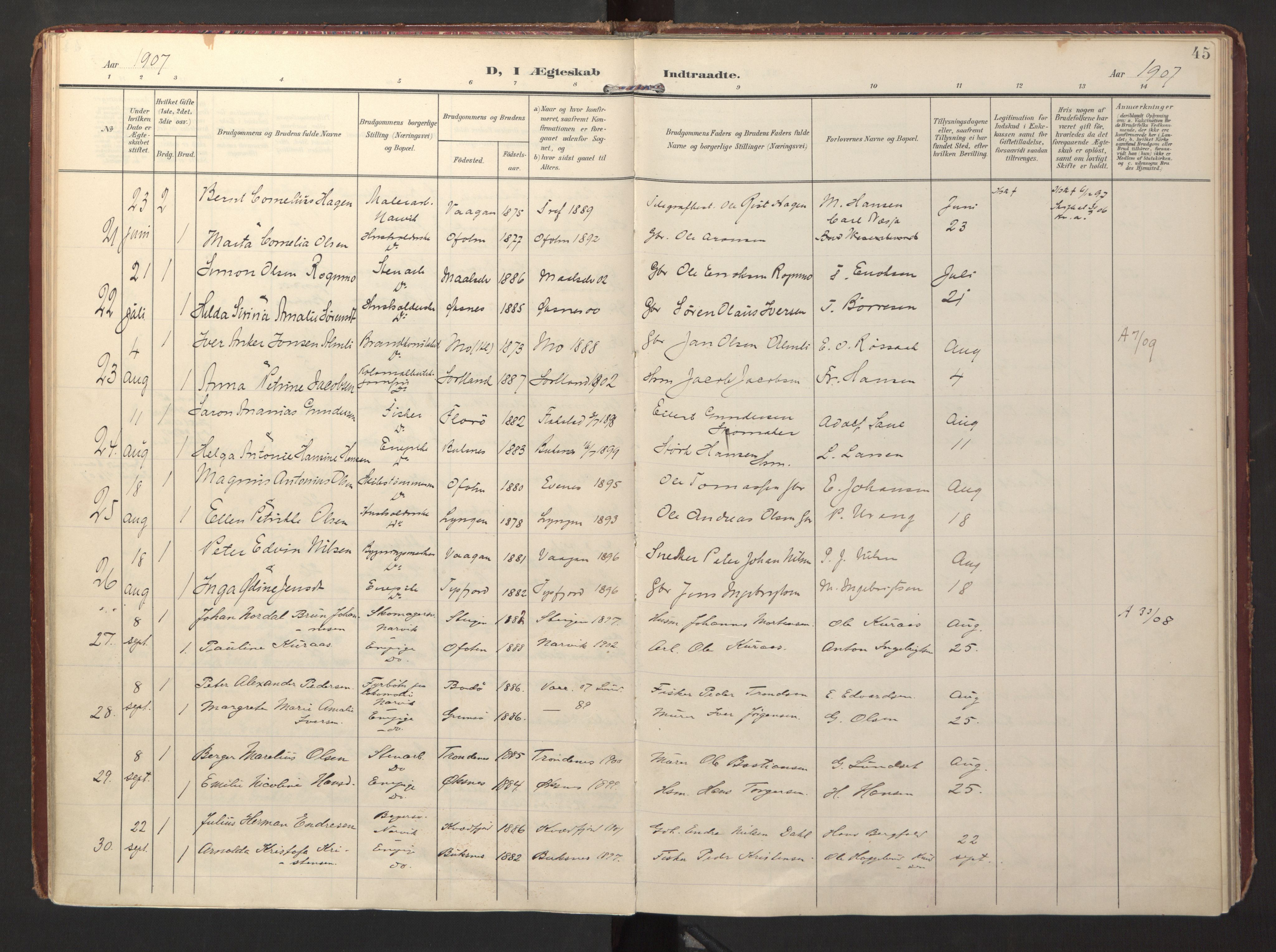 Ministerialprotokoller, klokkerbøker og fødselsregistre - Nordland, AV/SAT-A-1459/871/L0999: Parish register (official) no. 871A15, 1902-1917, p. 45