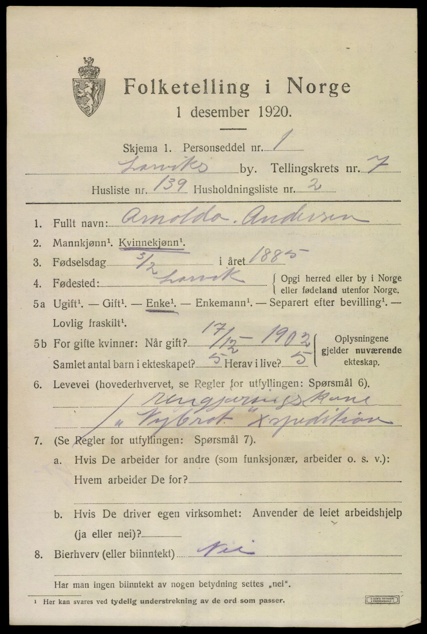 SAKO, 1920 census for Larvik, 1920, p. 22950