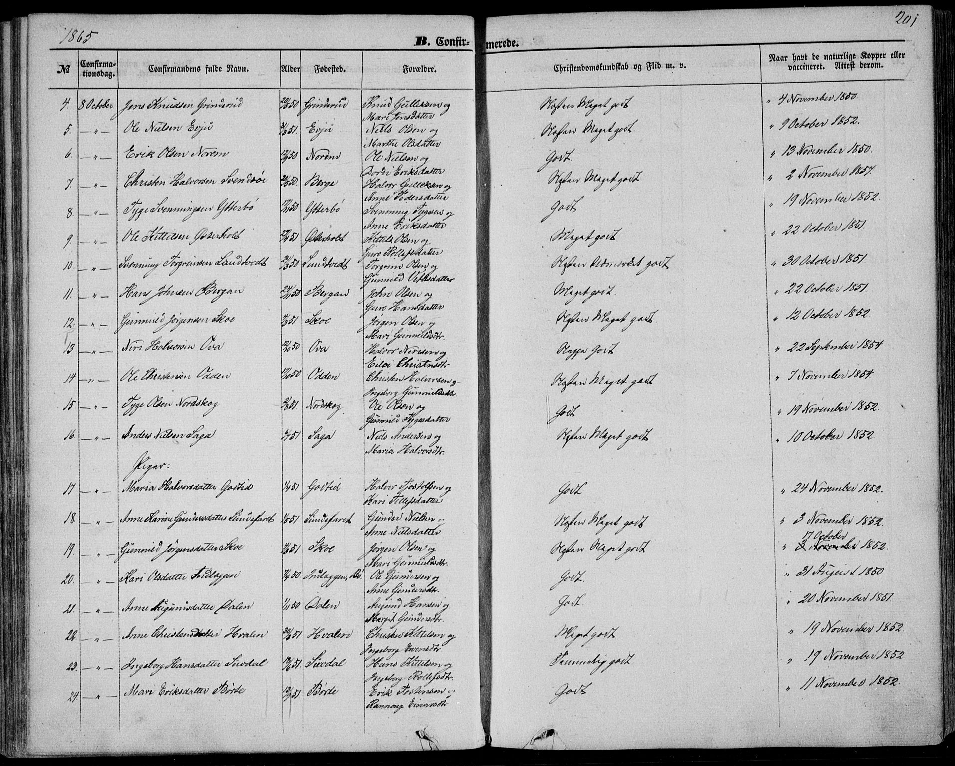 Bø kirkebøker, SAKO/A-257/F/Fa/L0009: Parish register (official) no. 9, 1862-1879, p. 201