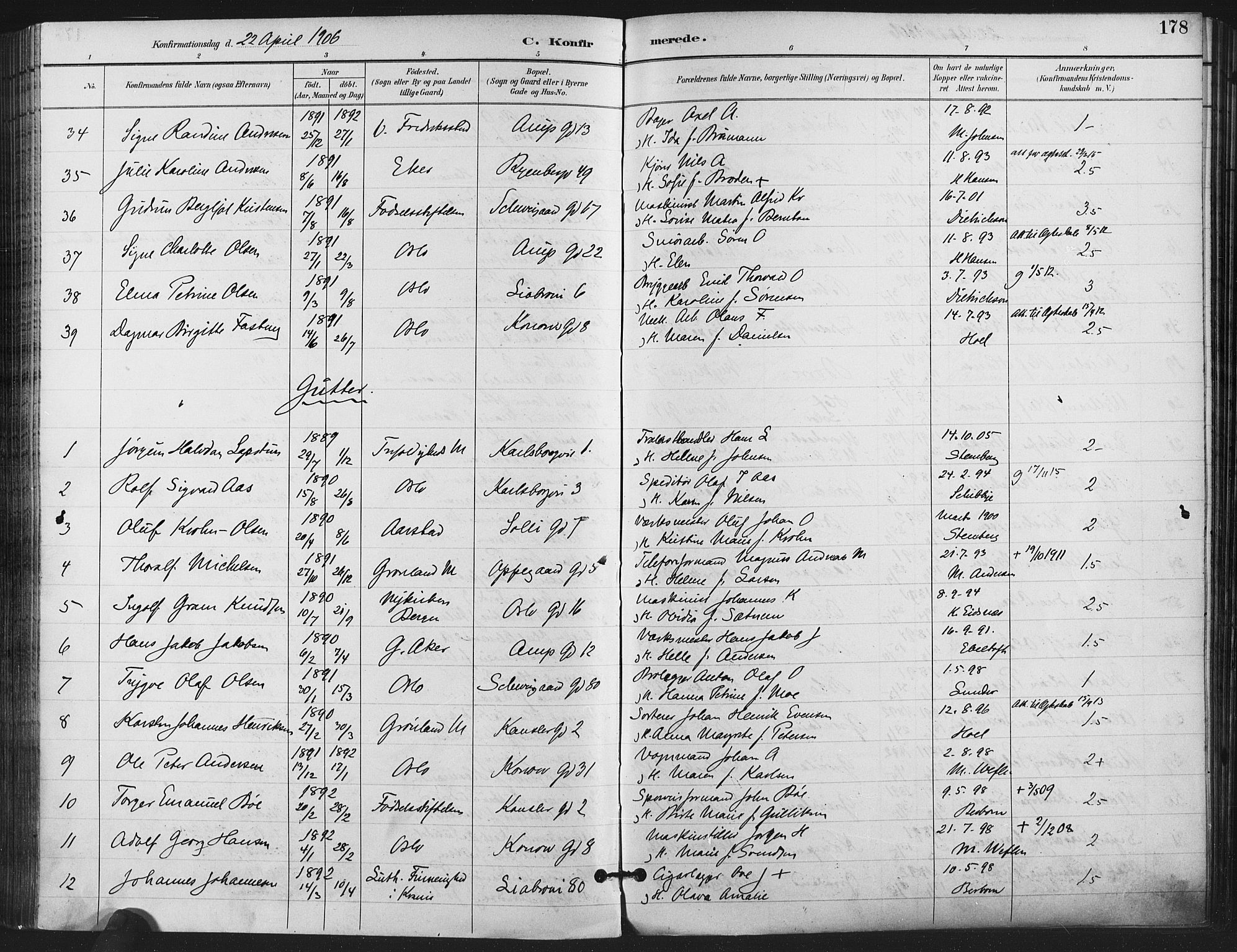 Gamlebyen prestekontor Kirkebøker, AV/SAO-A-10884/F/Fa/L0008: Parish register (official) no. 8, 1891-1908, p. 178
