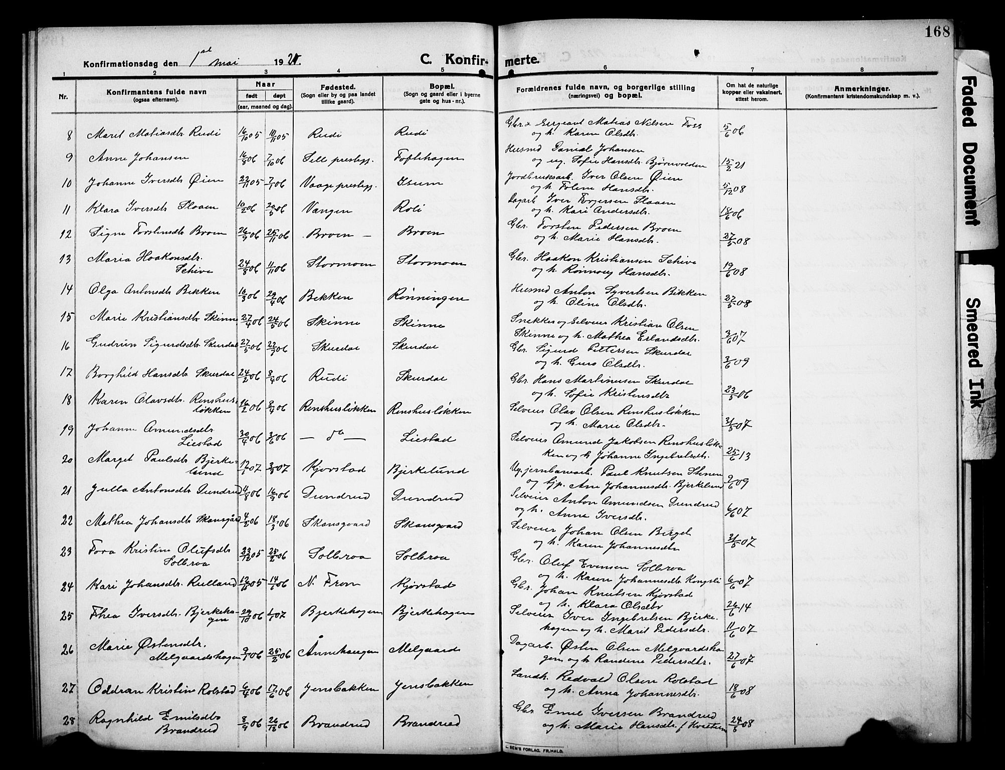 Sør-Fron prestekontor, AV/SAH-PREST-010/H/Ha/Hab/L0005: Parish register (copy) no. 5, 1912-1930, p. 168