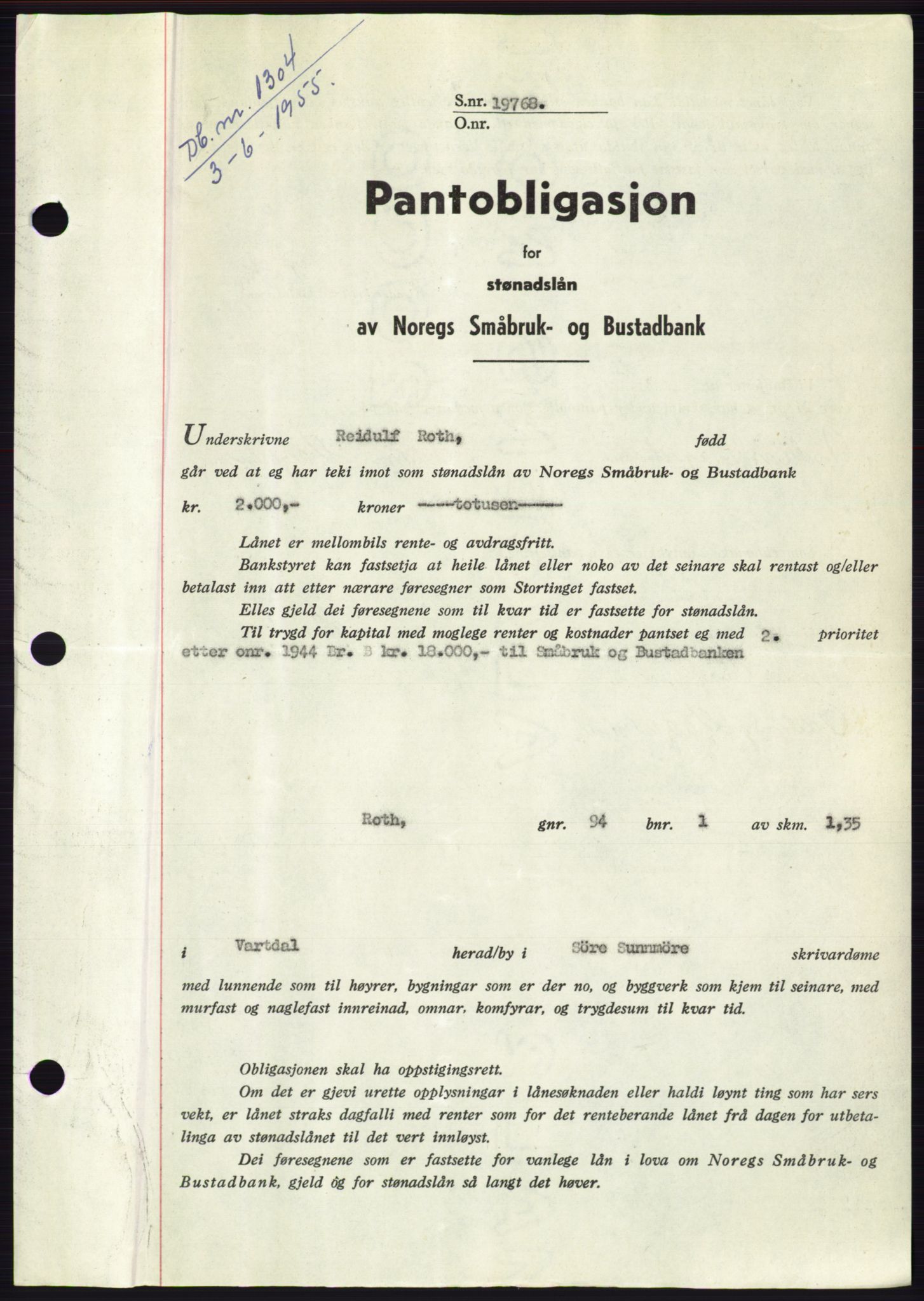 Søre Sunnmøre sorenskriveri, AV/SAT-A-4122/1/2/2C/L0126: Mortgage book no. 14B, 1954-1955, Diary no: : 1304/1955