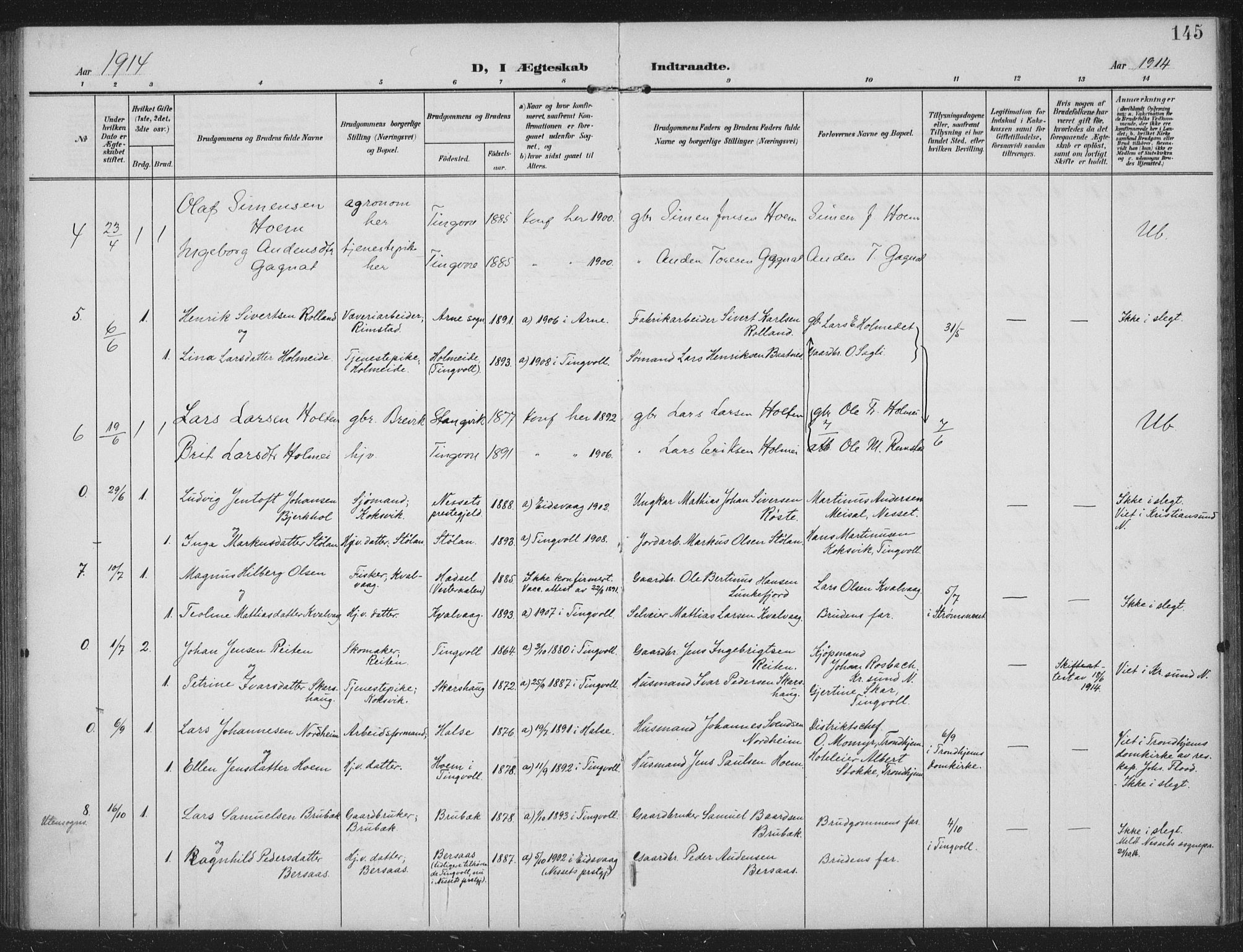 Ministerialprotokoller, klokkerbøker og fødselsregistre - Møre og Romsdal, AV/SAT-A-1454/586/L0989: Parish register (official) no. 586A15, 1906-1915, p. 145