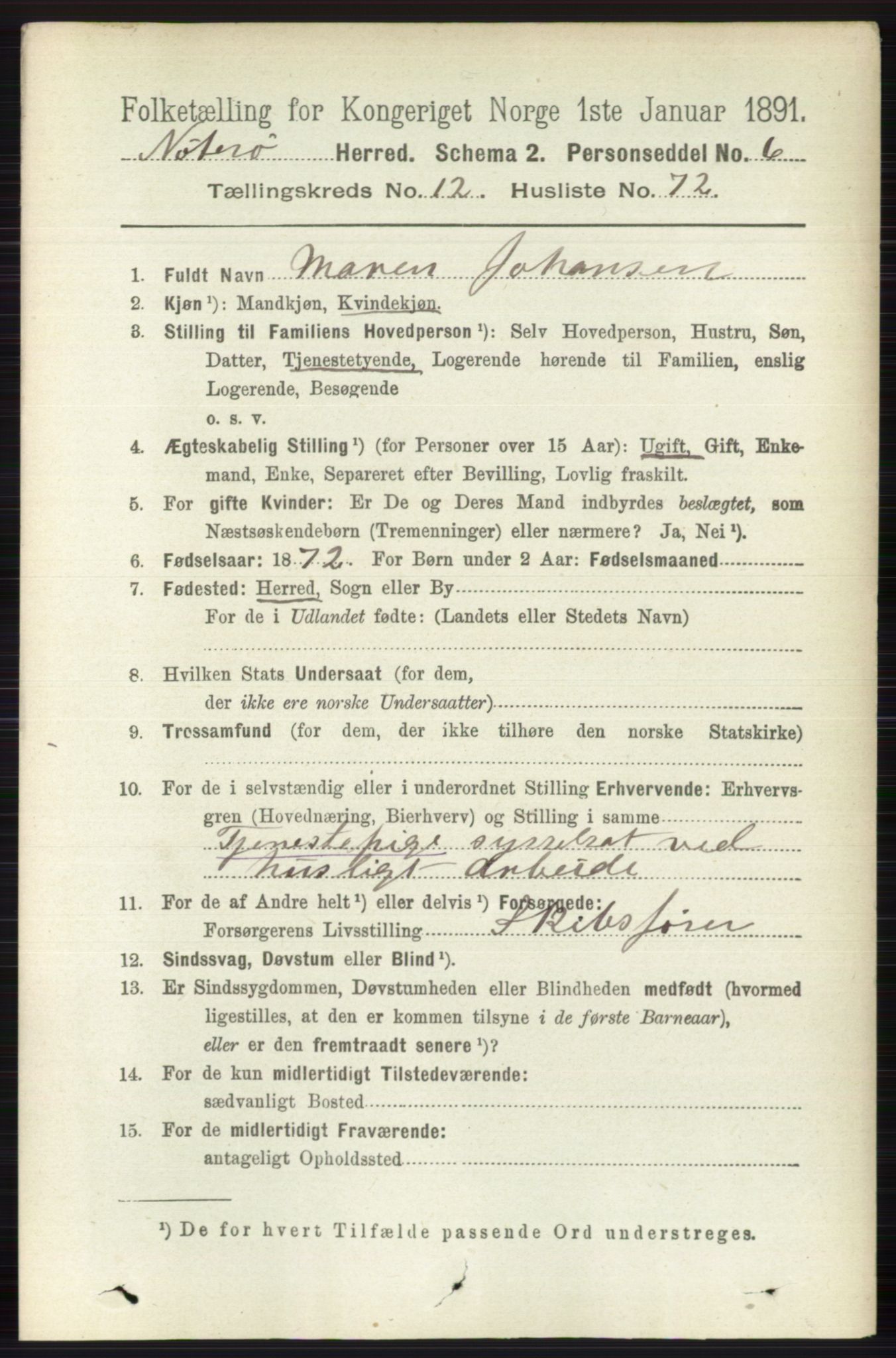 RA, 1891 census for 0722 Nøtterøy, 1891, p. 6763