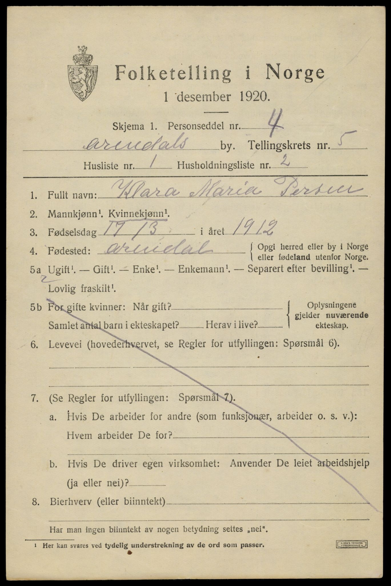 SAK, 1920 census for Arendal, 1920, p. 12454