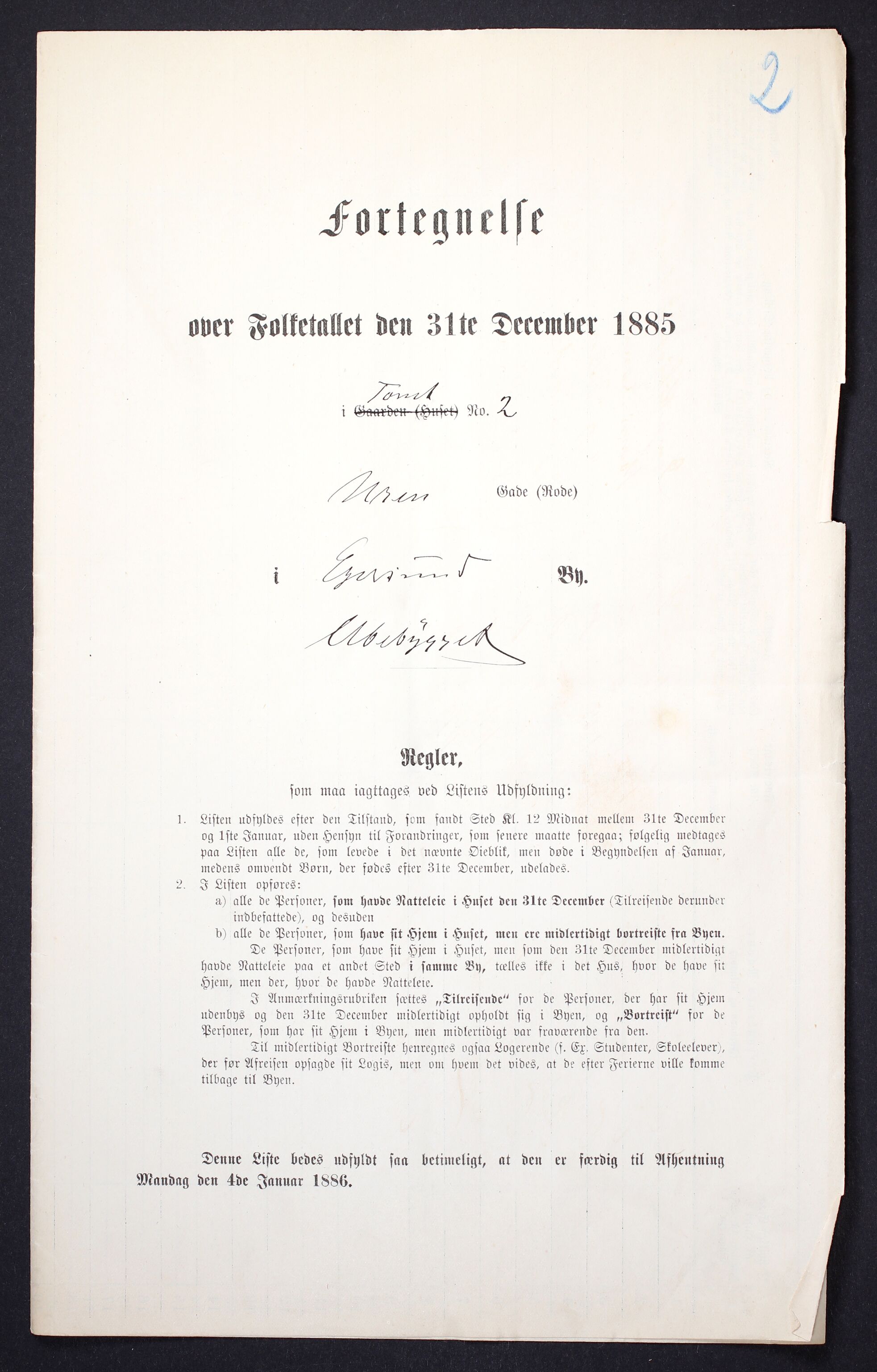 SAST, 1885 census for 1101 Egersund, 1885, p. 2a
