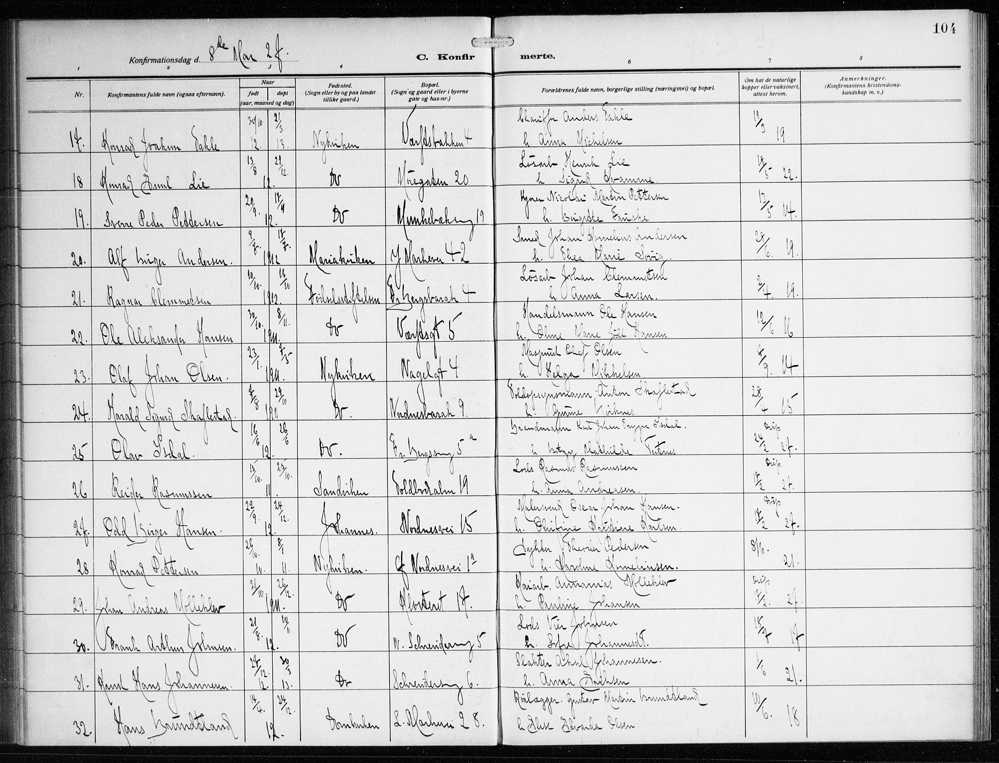 Nykirken Sokneprestembete, SAB/A-77101/H/Haa/L0029: Parish register (official) no. C 8, 1913-1936, p. 104