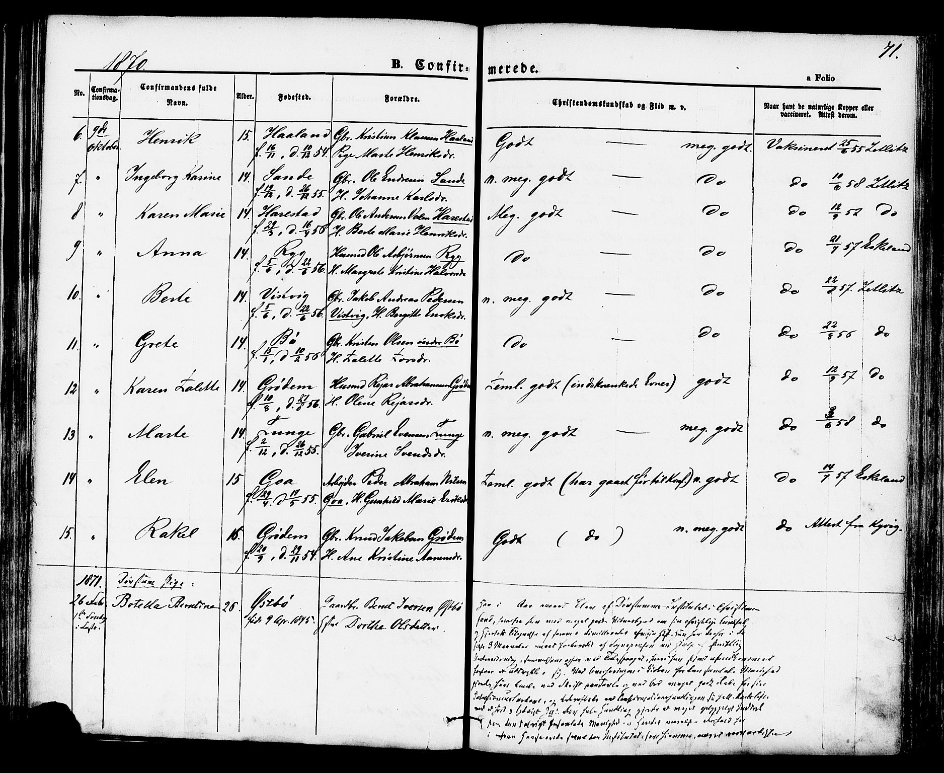 Hetland sokneprestkontor, AV/SAST-A-101826/30/30BA/L0004: Parish register (official) no. A 4, 1862-1881, p. 71