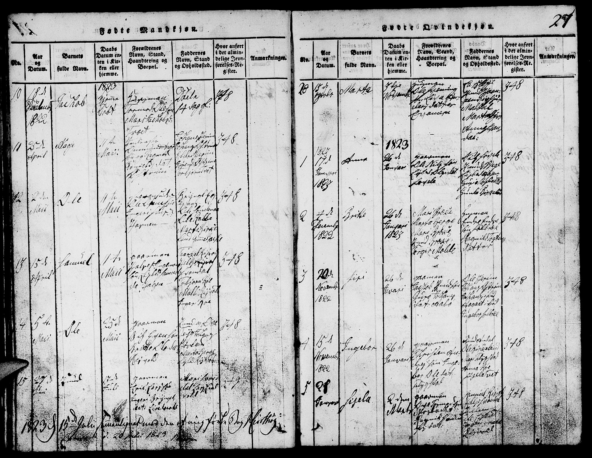 Suldal sokneprestkontor, AV/SAST-A-101845/01/V/L0002: Parish register (copy) no. B 2, 1816-1845, p. 27